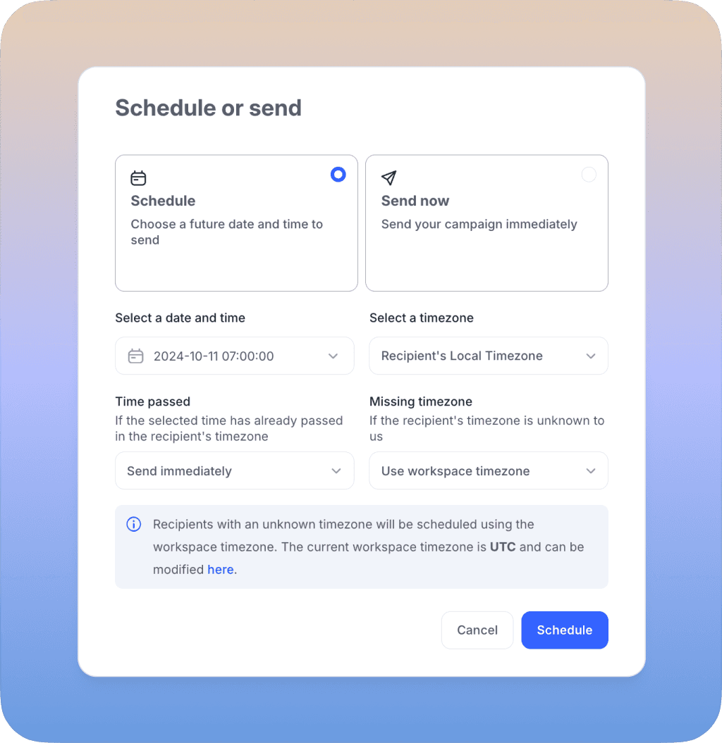 Interface utilisateur pour la planification de campagnes par e-mail, permettant la sélection d'une date future, d'une heure, du fuseau horaire du destinataire et des options pour l'envoi immédiat ou programmé.