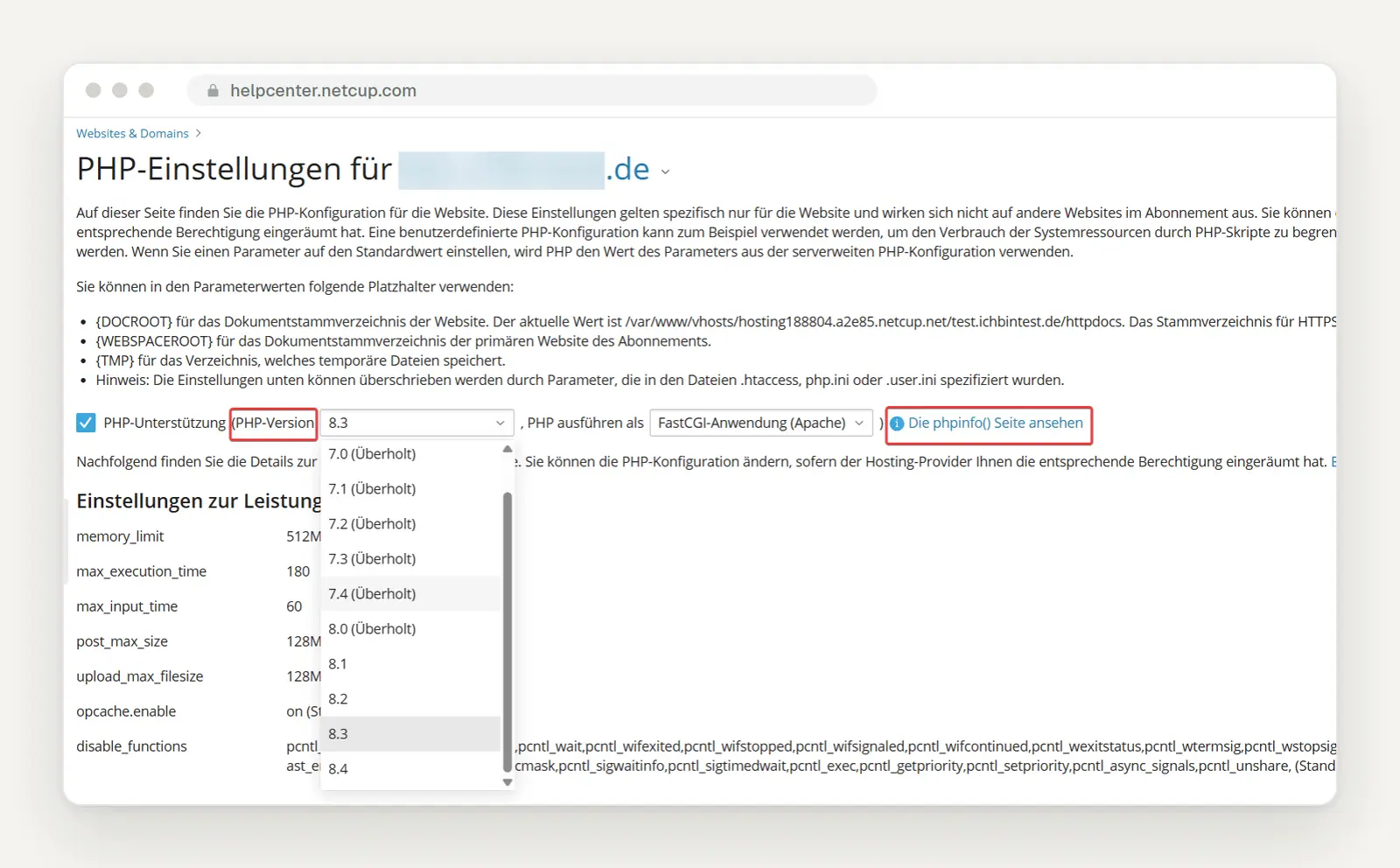 netcup WCP, PHP Settings: PHP Version Selection List and "View the phpinfo() page" link