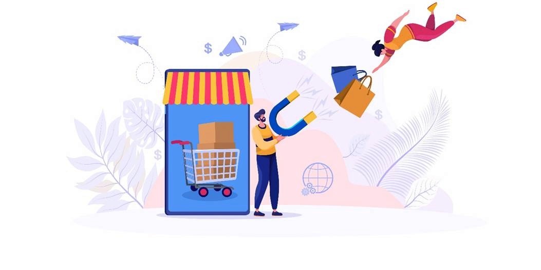 Flat illustration of a marketer using a magnet to attract shoppers from a mobile storefront, representing e-commerce customer acquisition
