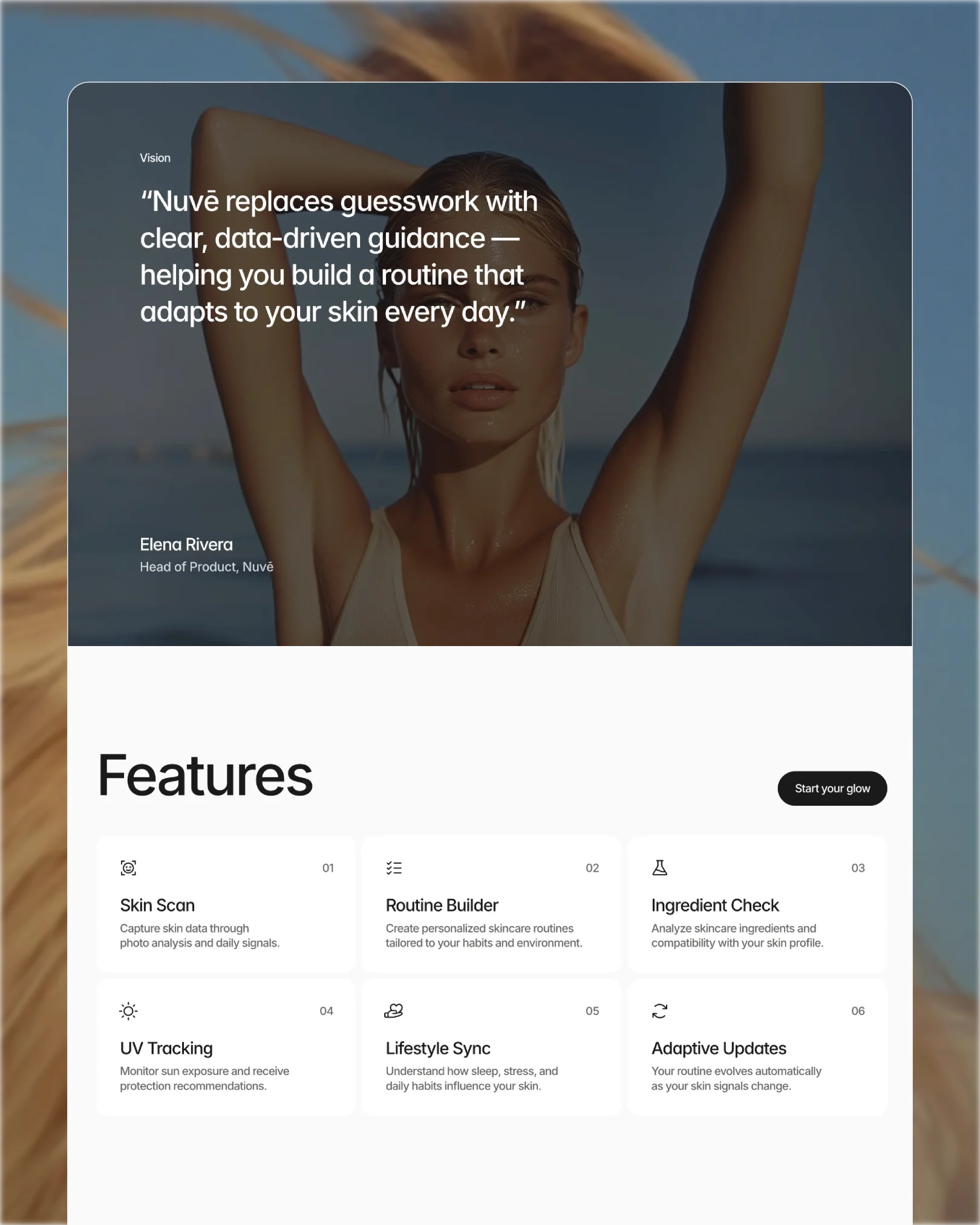 Nuvē features grid with skin scan, routine builder and adaptive updates, plus product vision quote — UI design by Luna UI design studio