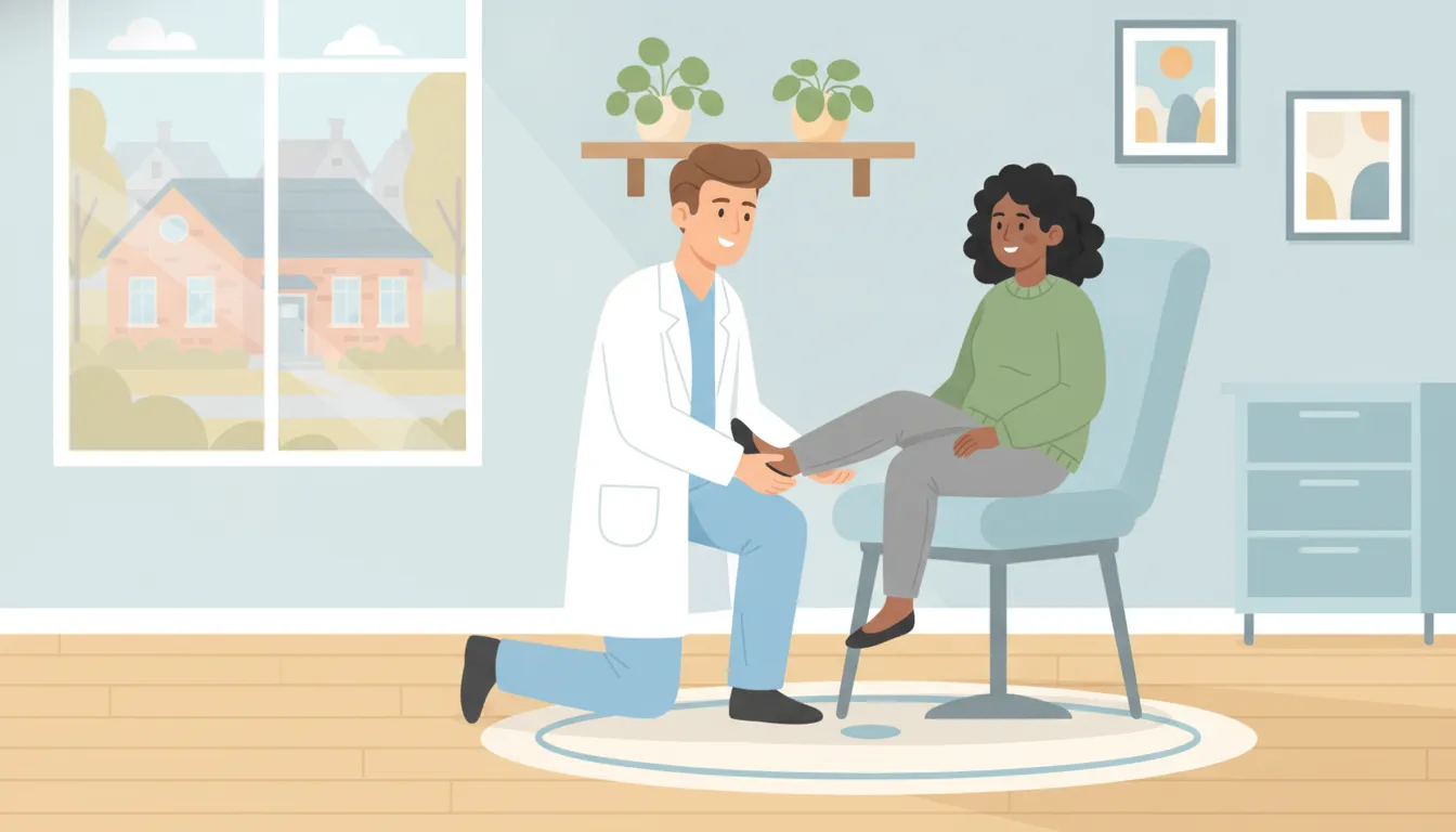 Podiatrist evaluating a patient's foot in a welcoming clinic