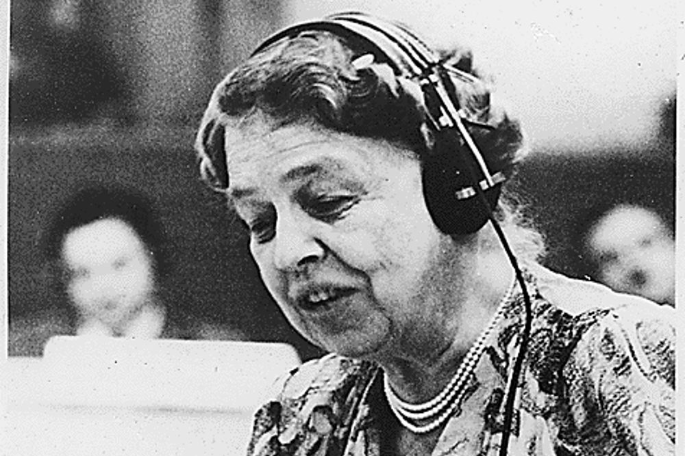 Eleanor Roosevelt at a United Nations microphone in 1947