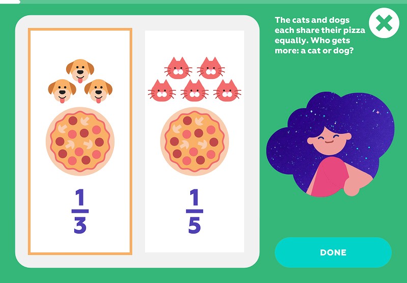 Visual Fractions: find which animals will get more pizza