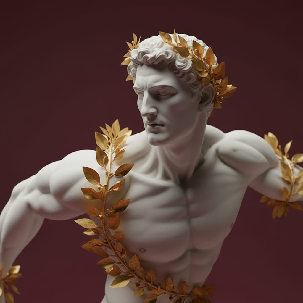 Left profile of a white marble athlete featuring a gold laurel crown and torso wrap on a dark red background.