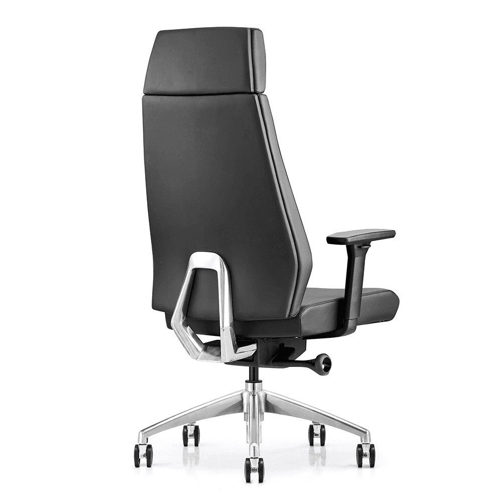Rear view of a black leather executive chair showing the ergonomic high-back design, polished chrome Y-shaped back support, and heavy-duty aluminum swivel base with casters.