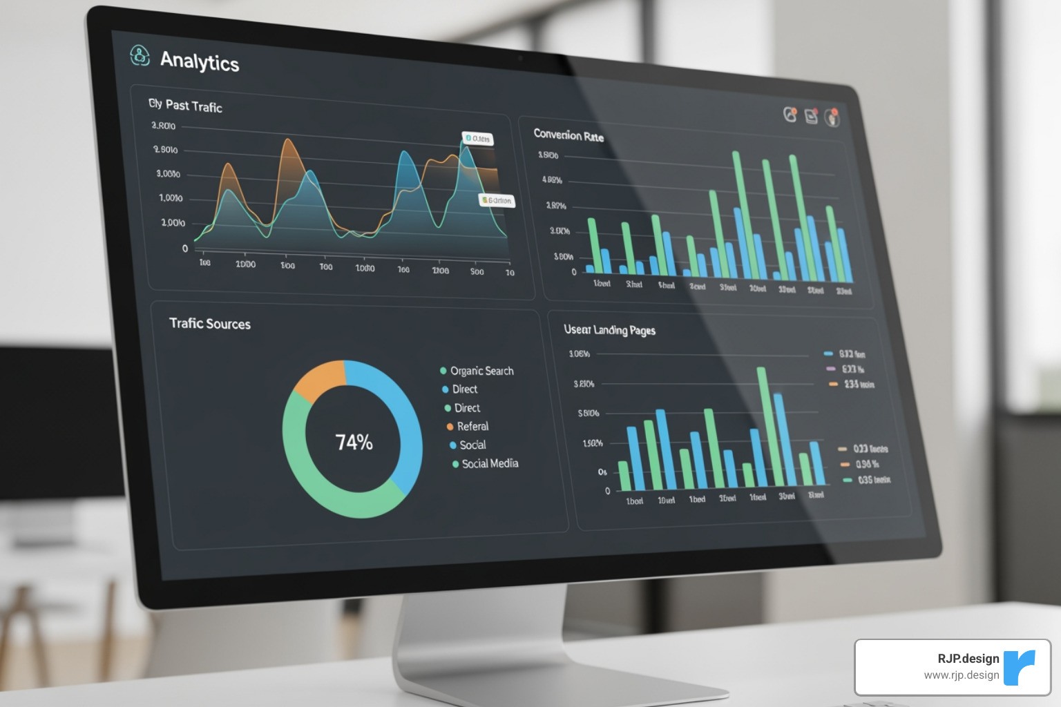 A dashboard displaying website analytics, showing trends in traffic, conversion rates, bounce rate, and user engagement over time - denver web design