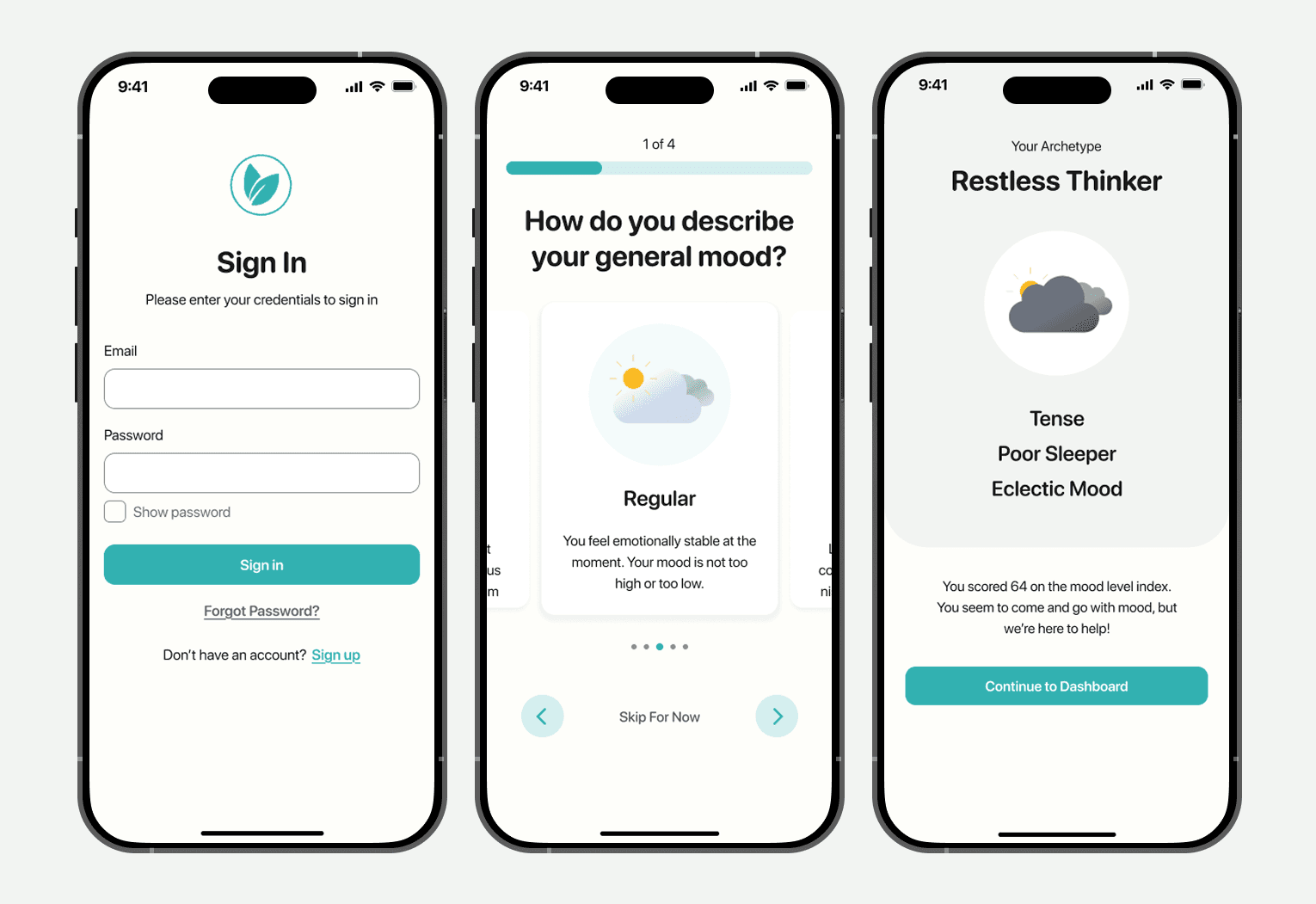 3 screens of Bluemind's sign in page, mood tracking quiz, and results