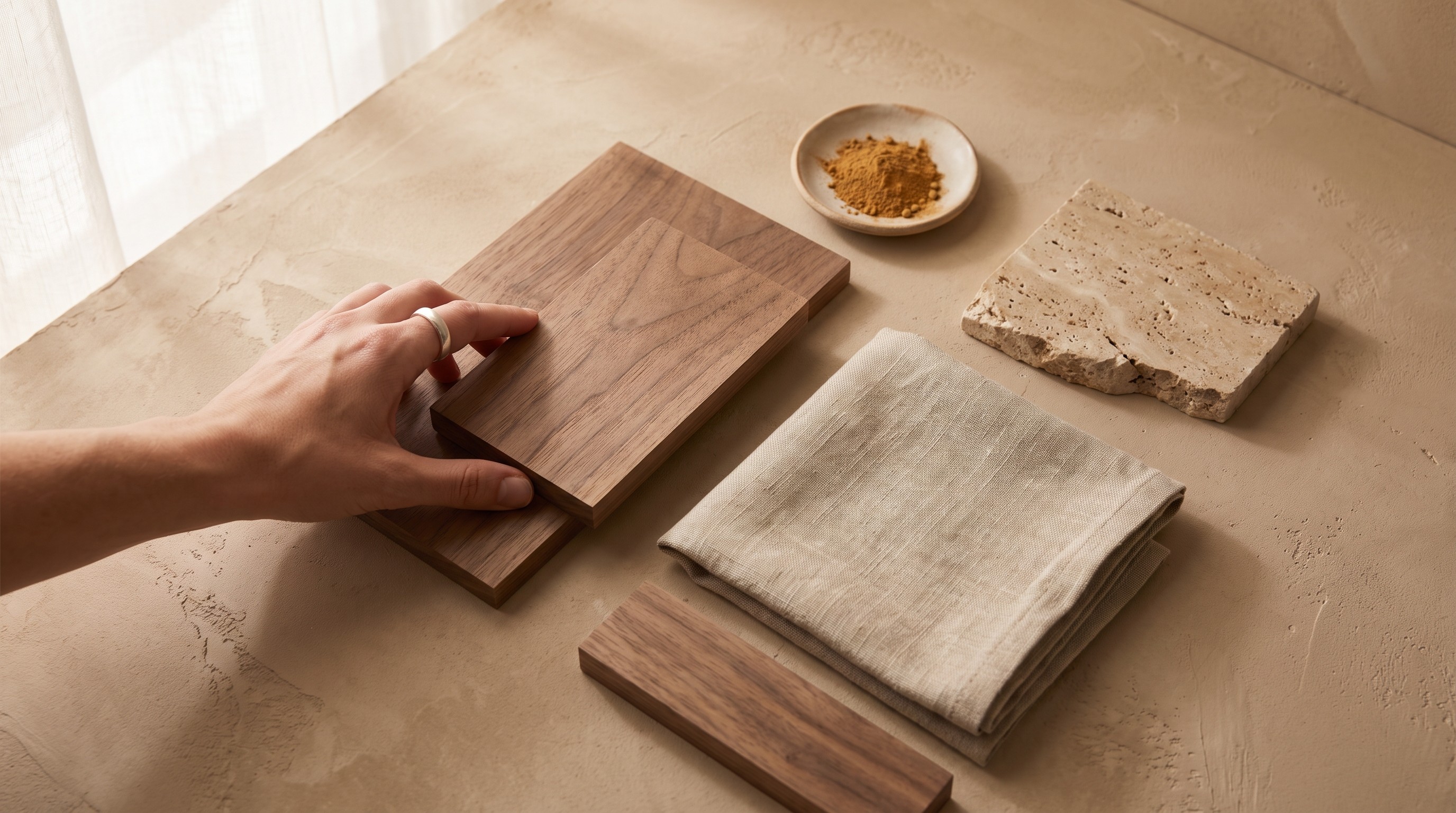Wood and stone material samples arranged on a table, representing Arkitekt's Material Consultation service.