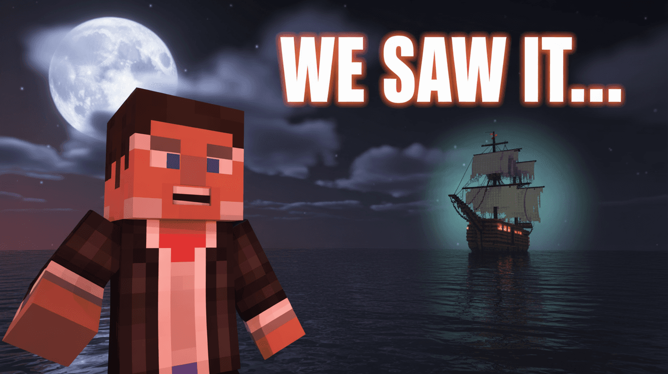 Terrified Minecraft character facing ghost ship at night with We Saw It text