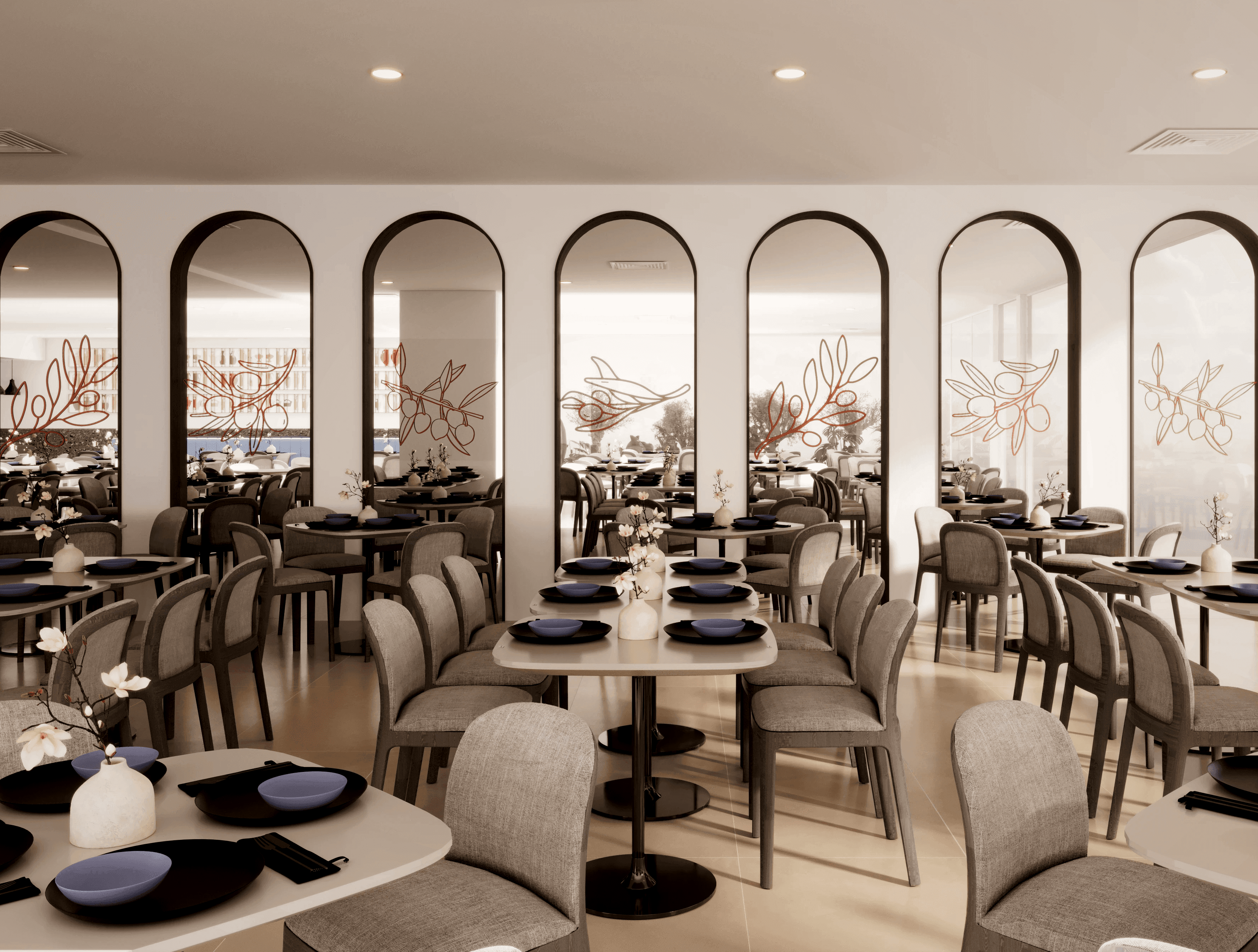 Mediterranean hotel restaurant interior featuring arched mirrors with olive branch motifs and grey upholstered dining chairs — topos Design Studio hospitality design Cyprus