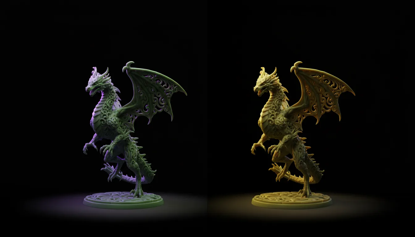 A high-detail 3D render of a sculpted chartreuse green dragon miniature, Blender Eevee style, presented as a vertical split-screen comparison. The dragon stands on a simple circular base with intricate filigree patterns carved on its body and wings. Dramatic studio lighting with a cool purple light from the left and a warm yellow key light from the right, creating sharp contrast and highlights. The background is pure black, with the dragon casting a soft shadow on the neutral ground plane. The material has a semi-gloss, slightly translucent finish.