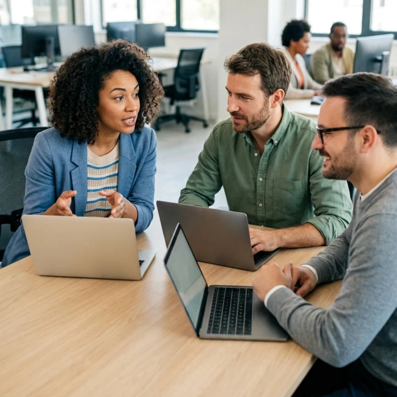 Équipe de consultants en agence analysant des storyboards et des plans de production sur une grande table de travail, illustrant notre expertise en Production audiovisuelle pour mettre une vision stratégique au service du récit.