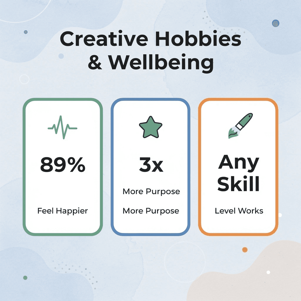 Infographic showing three key statistics about creative hobbies and wellbeing benefits