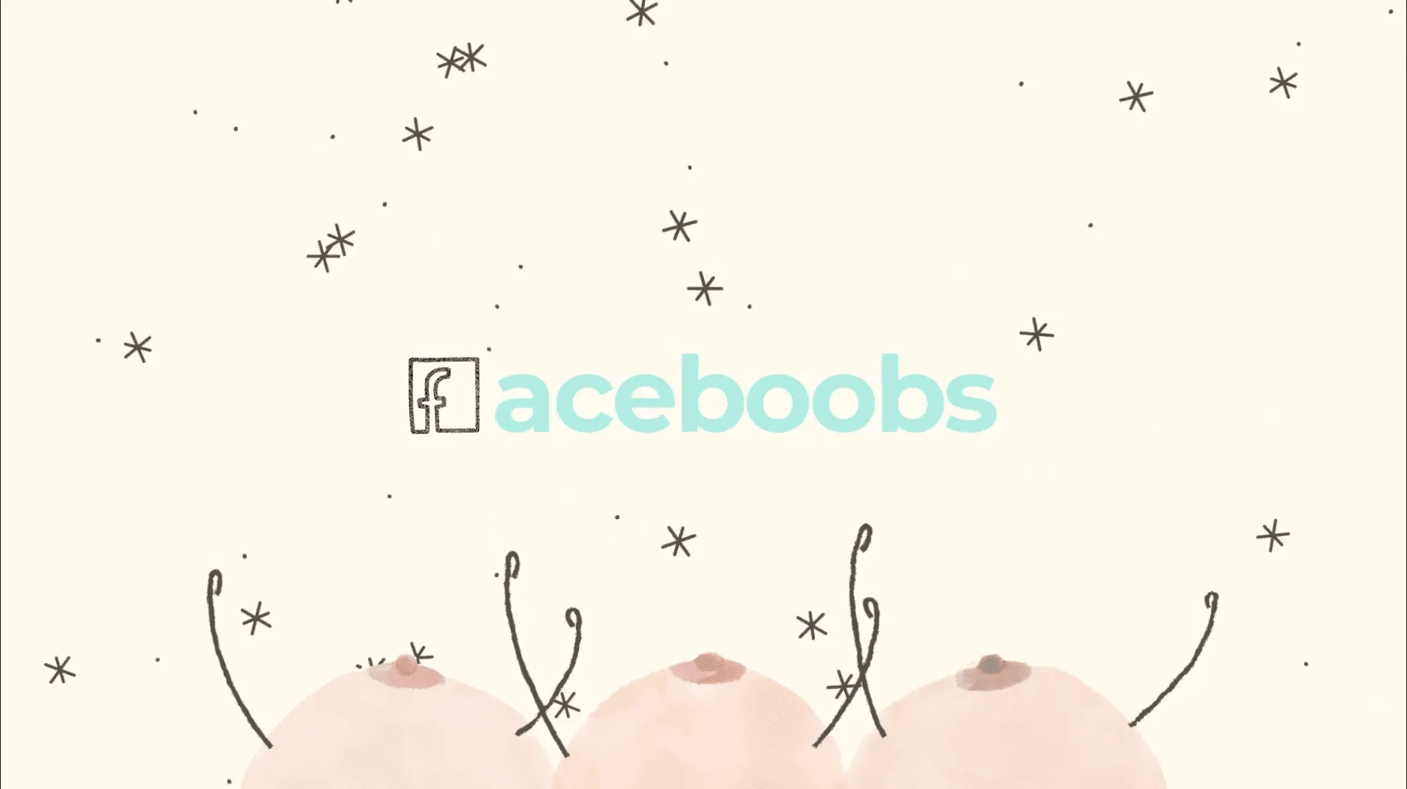 Faceboobs campaign card for YourBreast: wordmark with a Facebook-style 'f' and watercolour illustrations under stars on cream