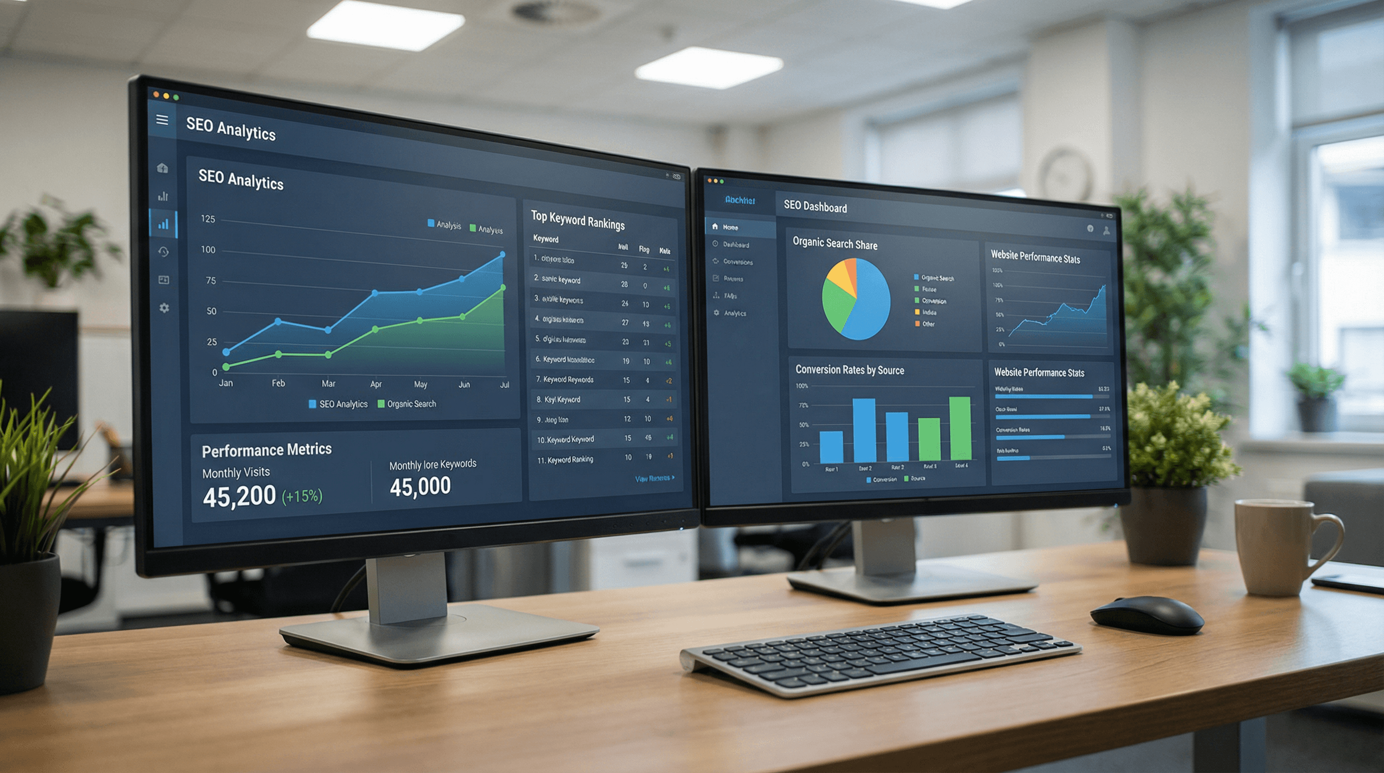 Halton Hills SEO specialist workspace - analytics charts on dual monitors by DAWebDesigns