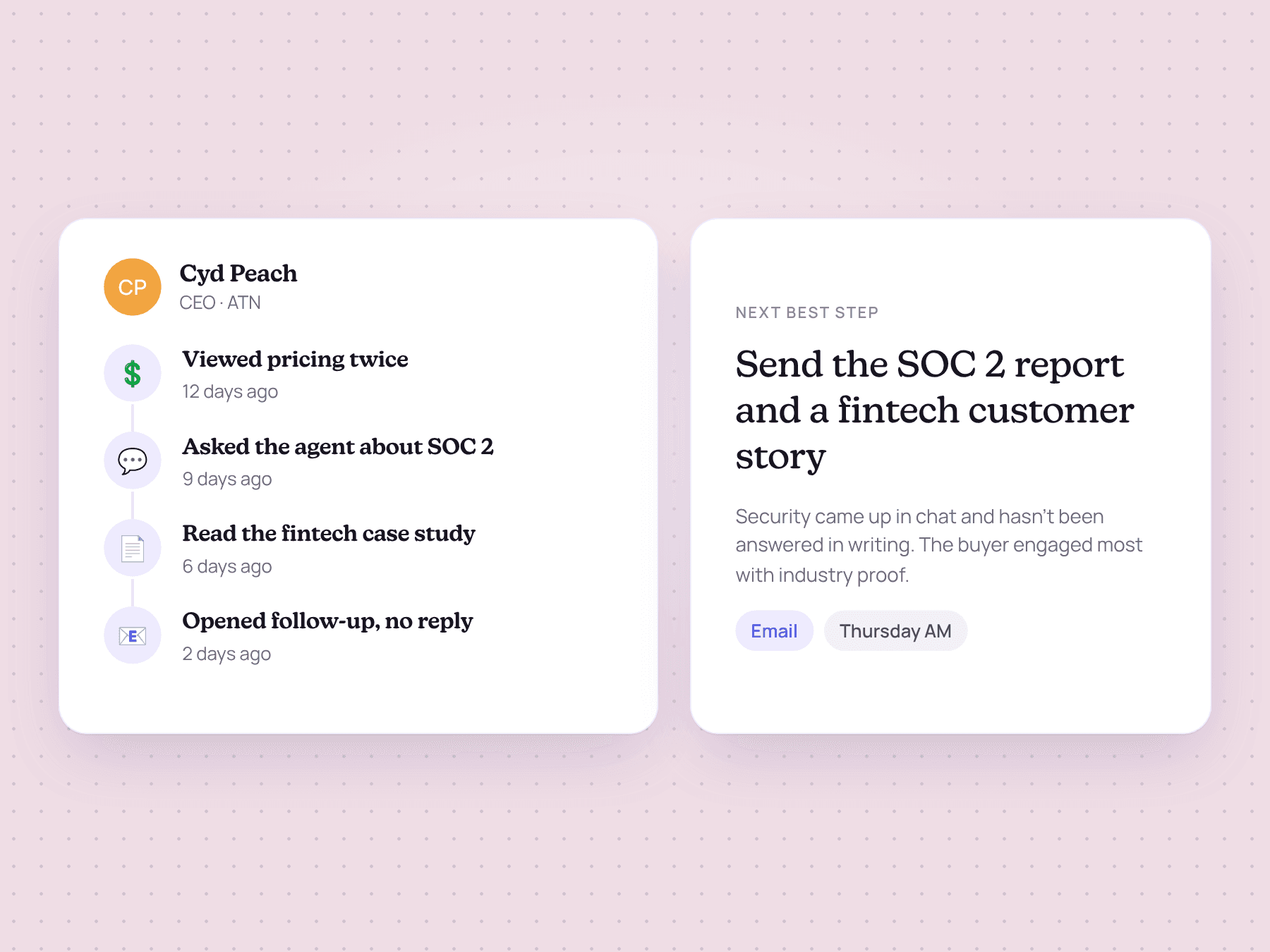 Lead engagement timeline next to a next best step recommendation