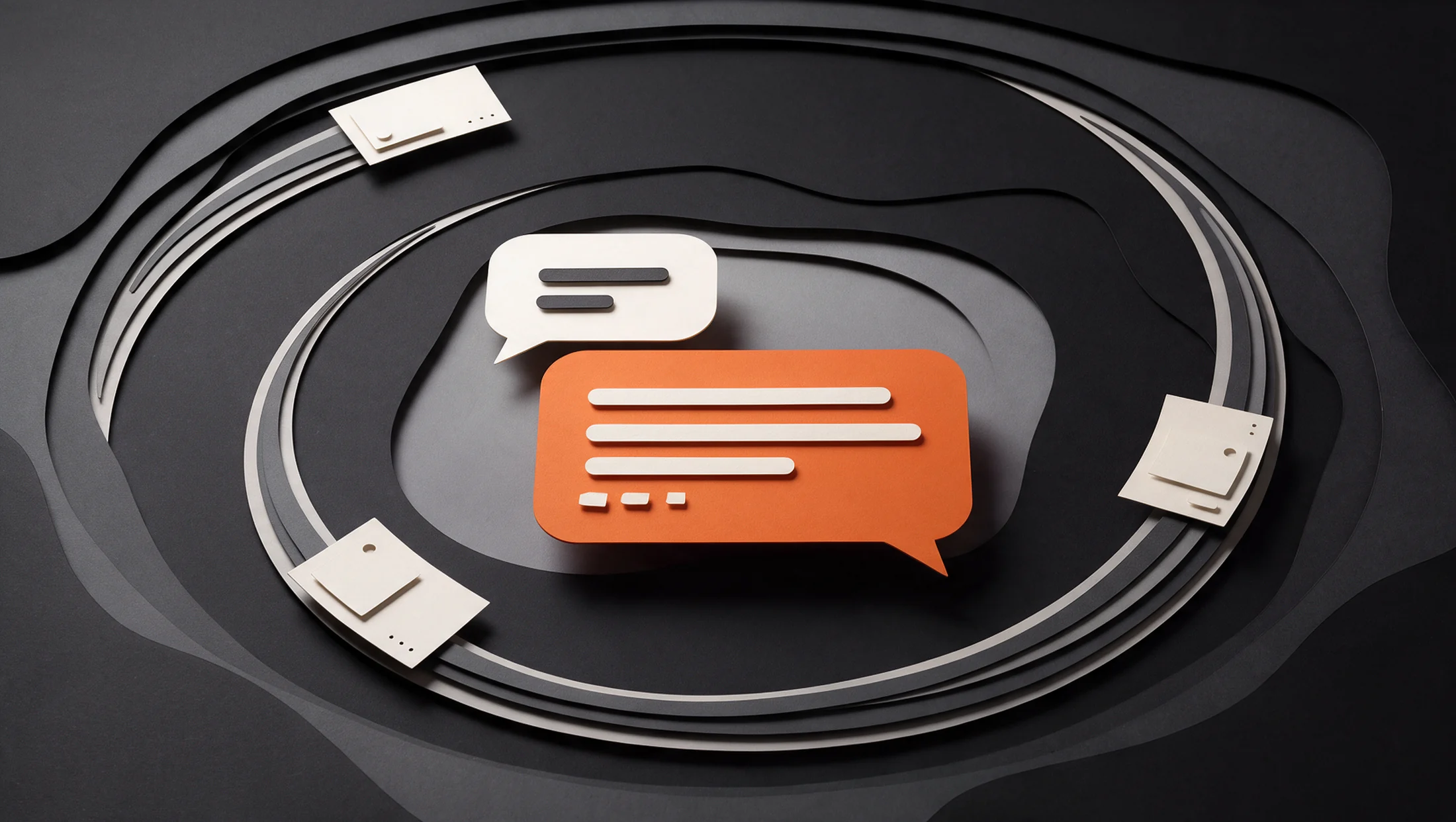 A cream question bubble above an orange answer panel, surrounded by three source cards on layered charcoal paper, illustrating AI search answers.