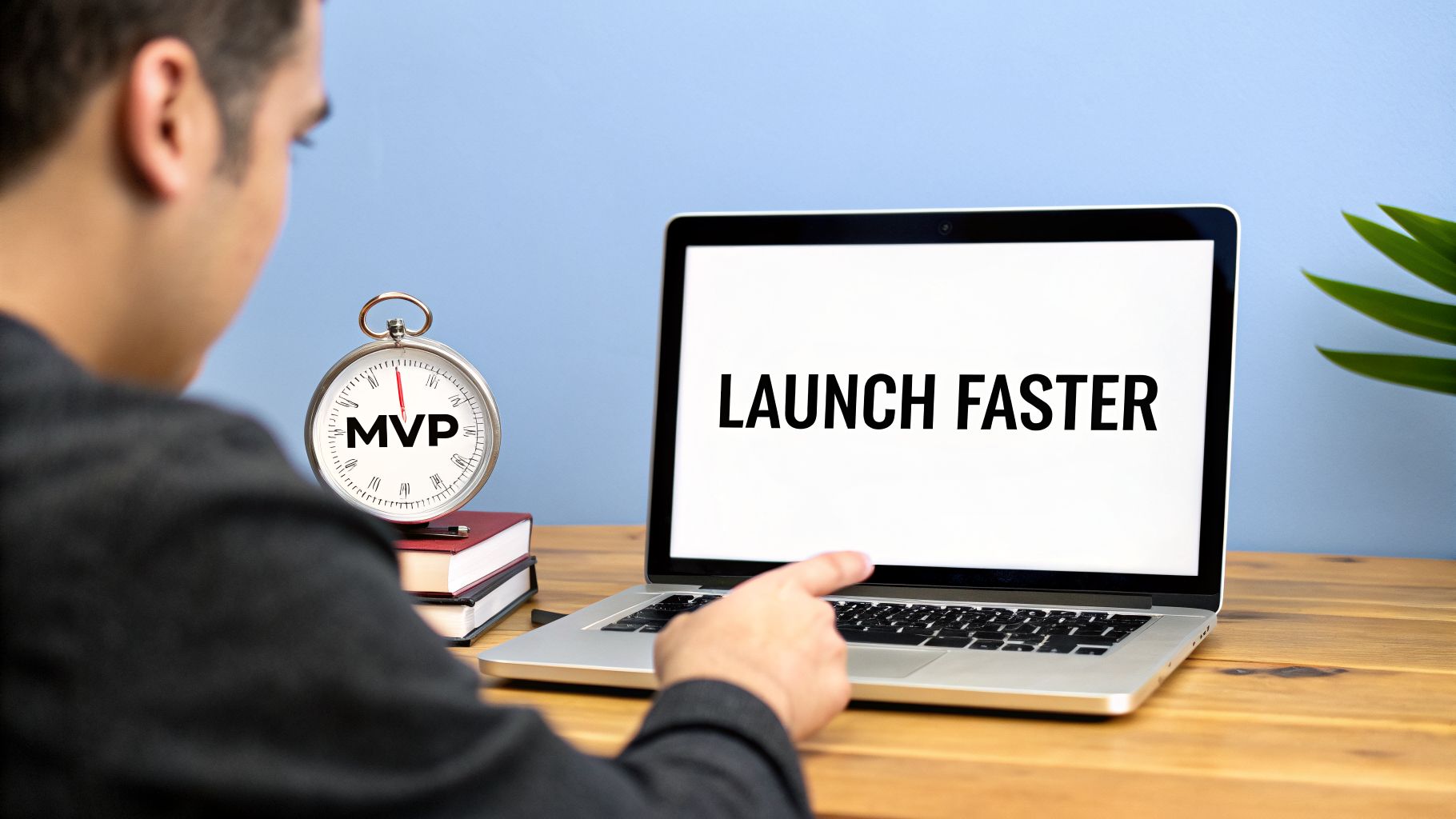 Person looking at a laptop displaying 'LAUNCH FASTER' next to an MVP stopwatch.
