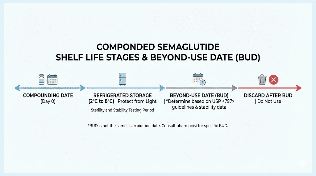 Compounded semaglutide beyond-use date timeline and shelf life stages