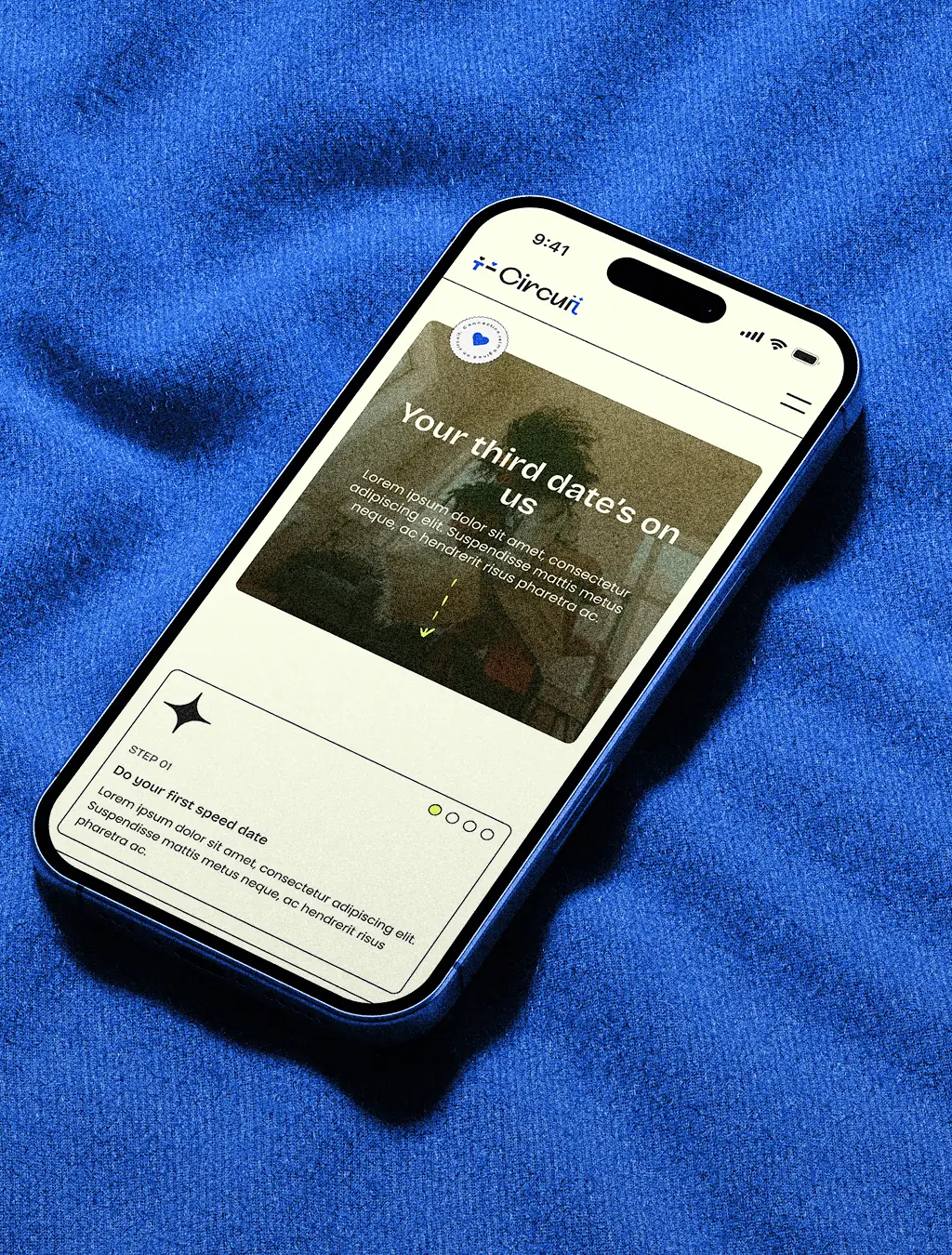 Phone mockup showing upcoming Circuit speed-dating event details.