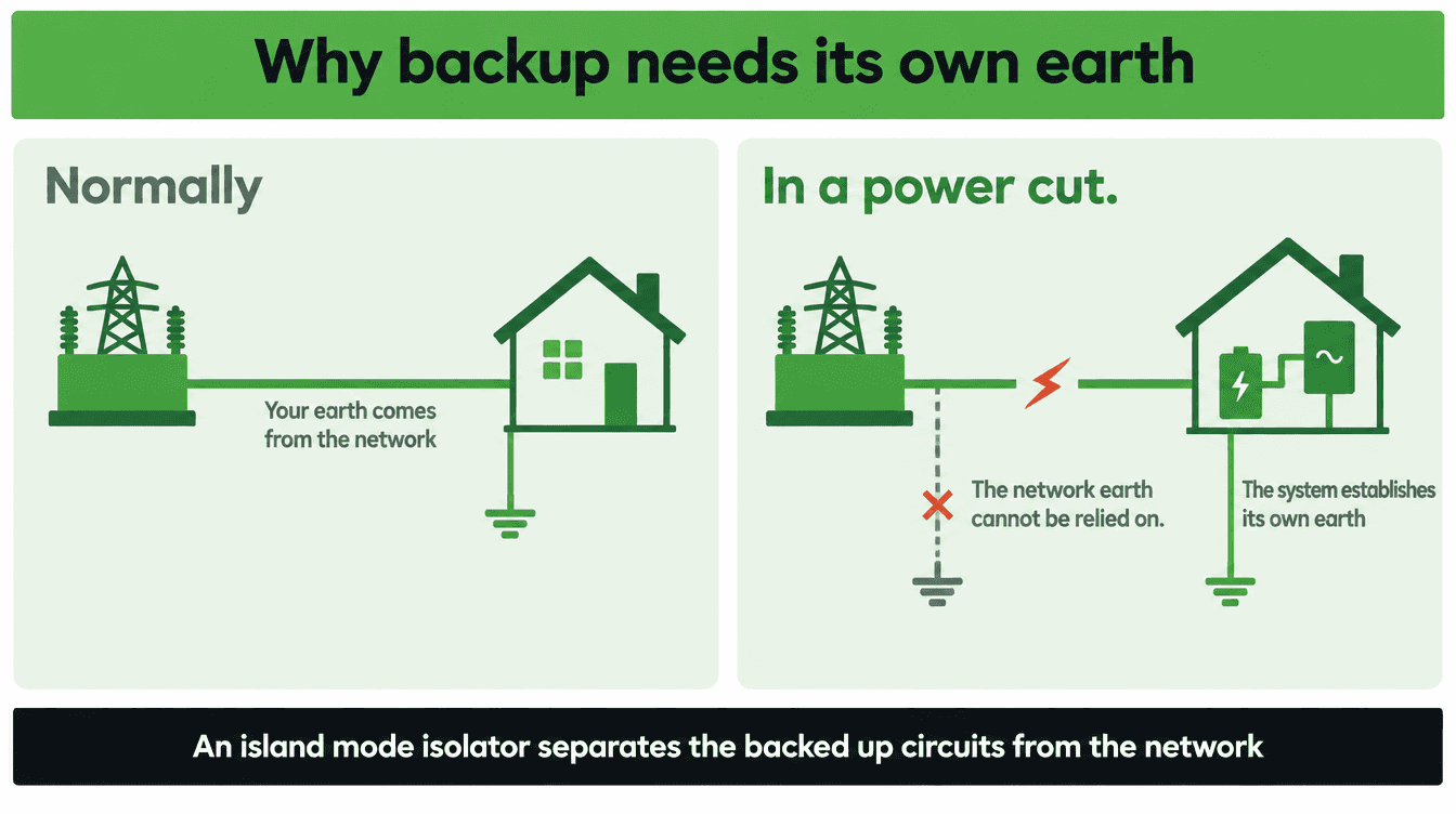 Diagram showing why a backup system needs its own earthing arrangement when the grid supply is lost