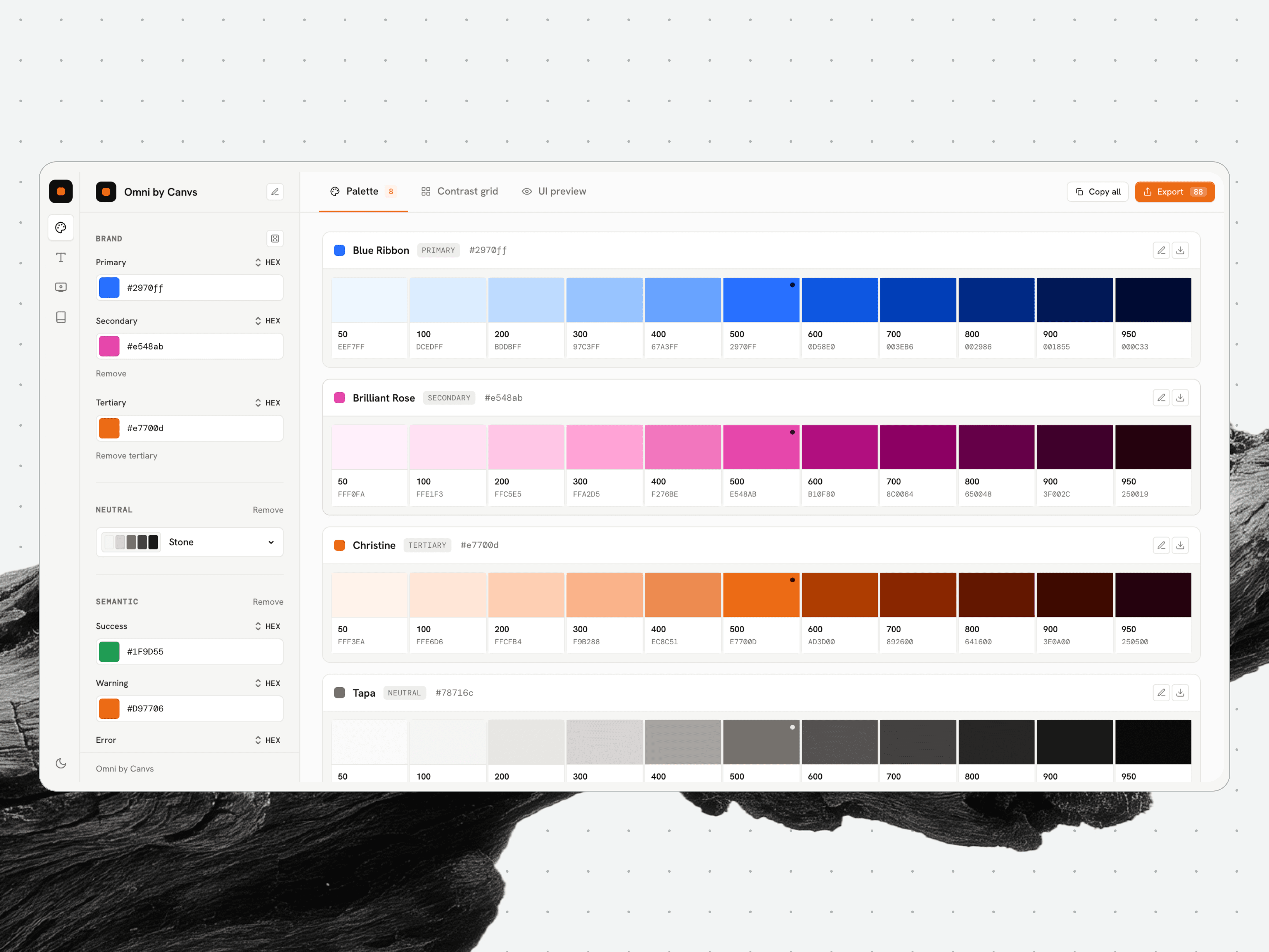 Omni: A full tonal range, 50 through 950, drawn from each brand colour, with hex values ready to export.
