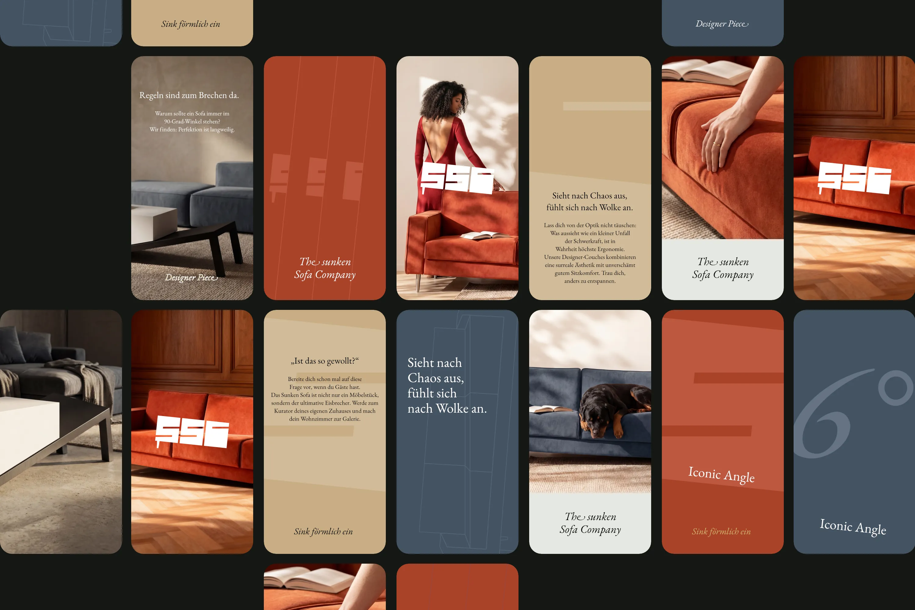 Portfolio-Übersicht des Brand Designs für The Sunken Sofa Company mit Social Media Templates, Typografie und KI-generierten Lifestyle-Bildern in Terrakotta und Anthrazit.