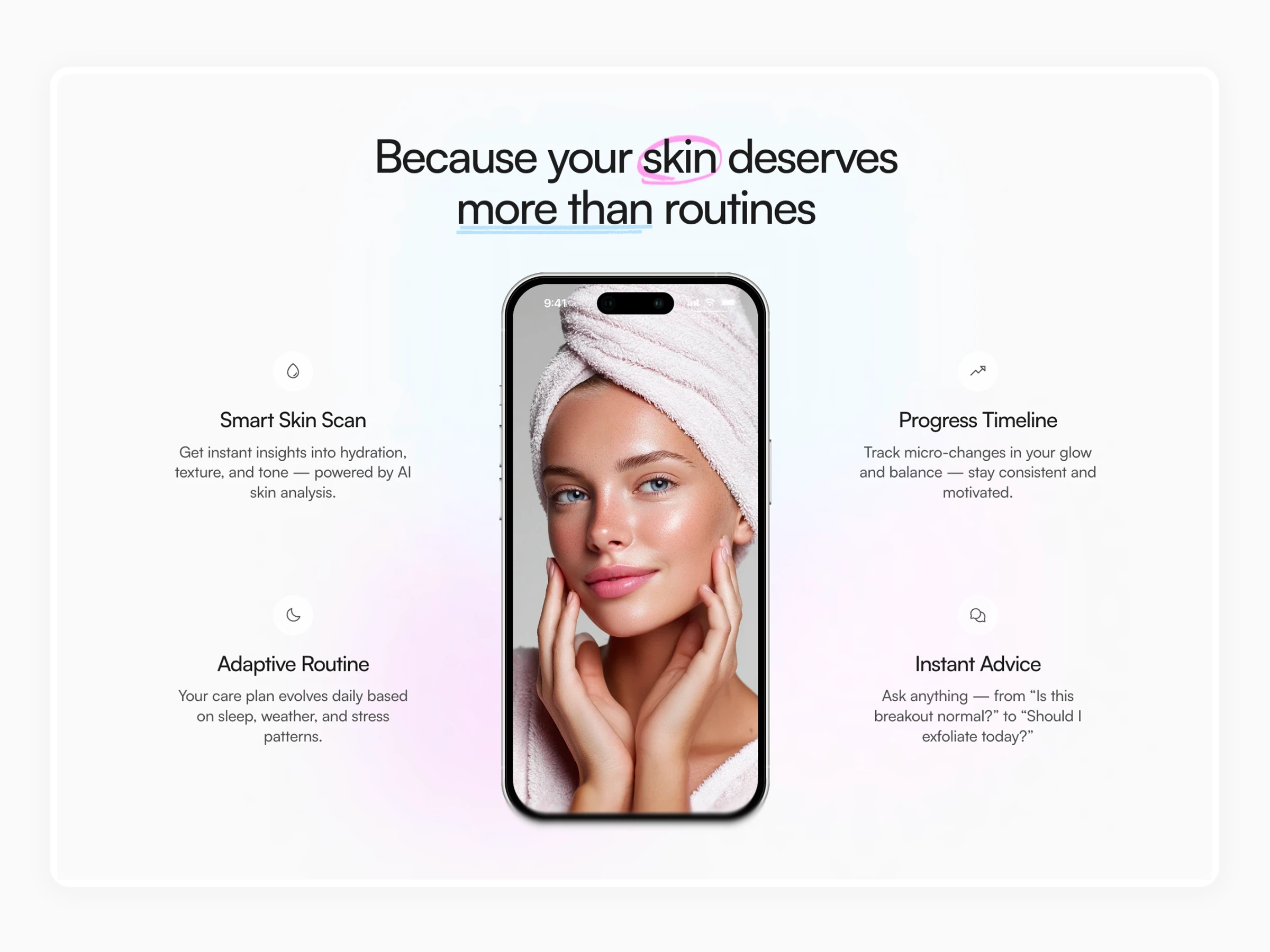 AI skincare app interface showing personalized daily care and skin analysis.