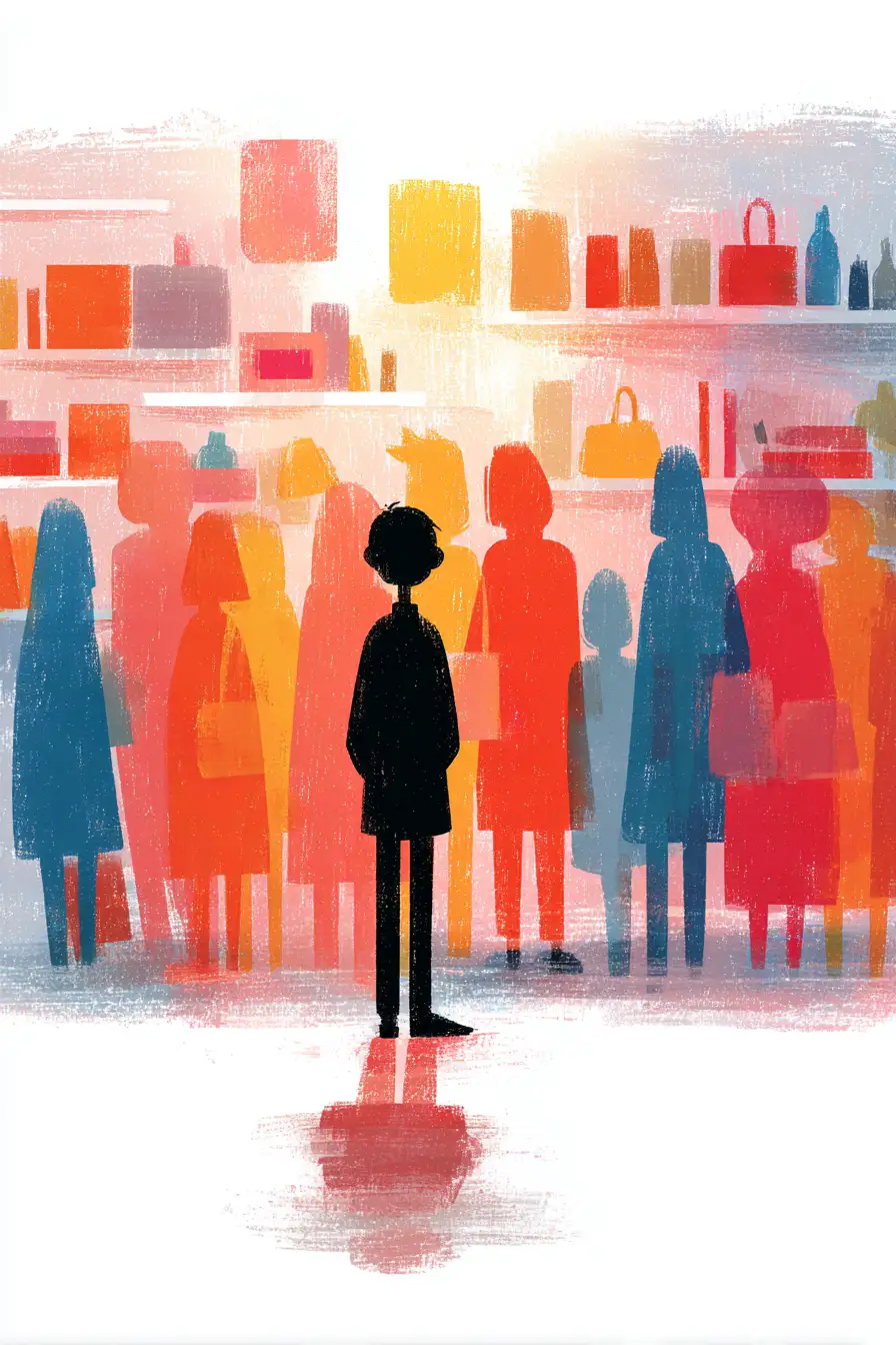 Textured editorial illustration of a lone dark silhouette standing in a crowded, colorful marketplace, surrounded by warm orange and blue figures who pass by without notice.