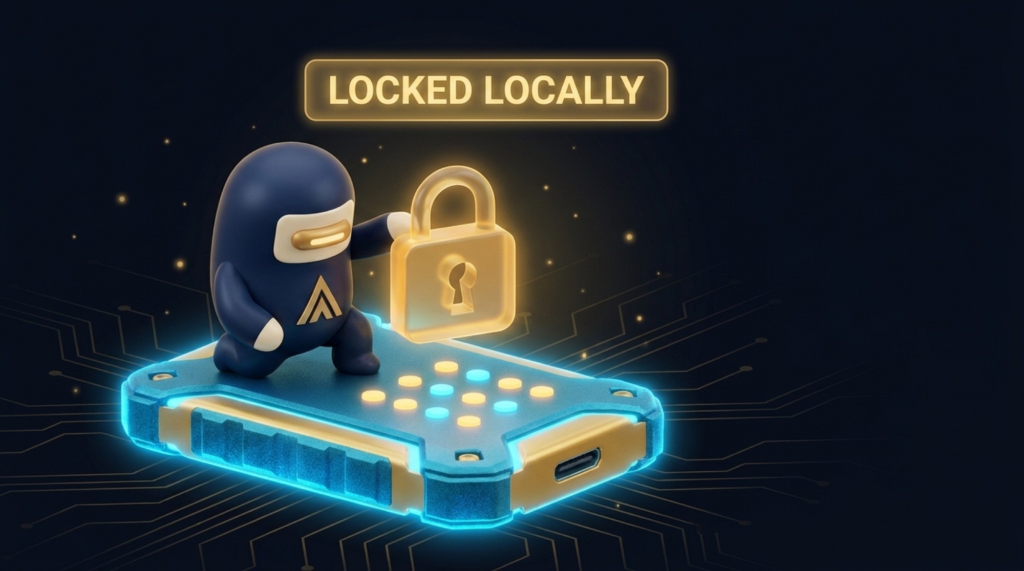 Bean crouched protectively on top of a glowing rugged SSD with a translucent gold padlock above it under a banner reading LOCKED LOCALLY