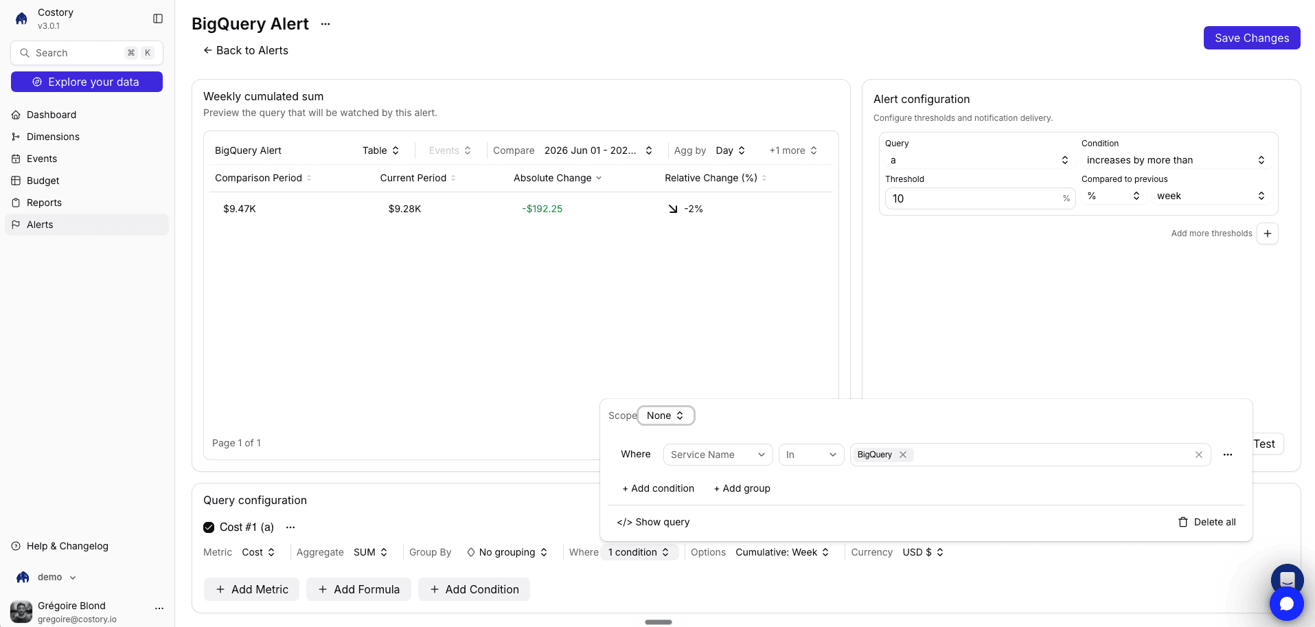 Weekly alert when OpenAI costs increase more than 10%