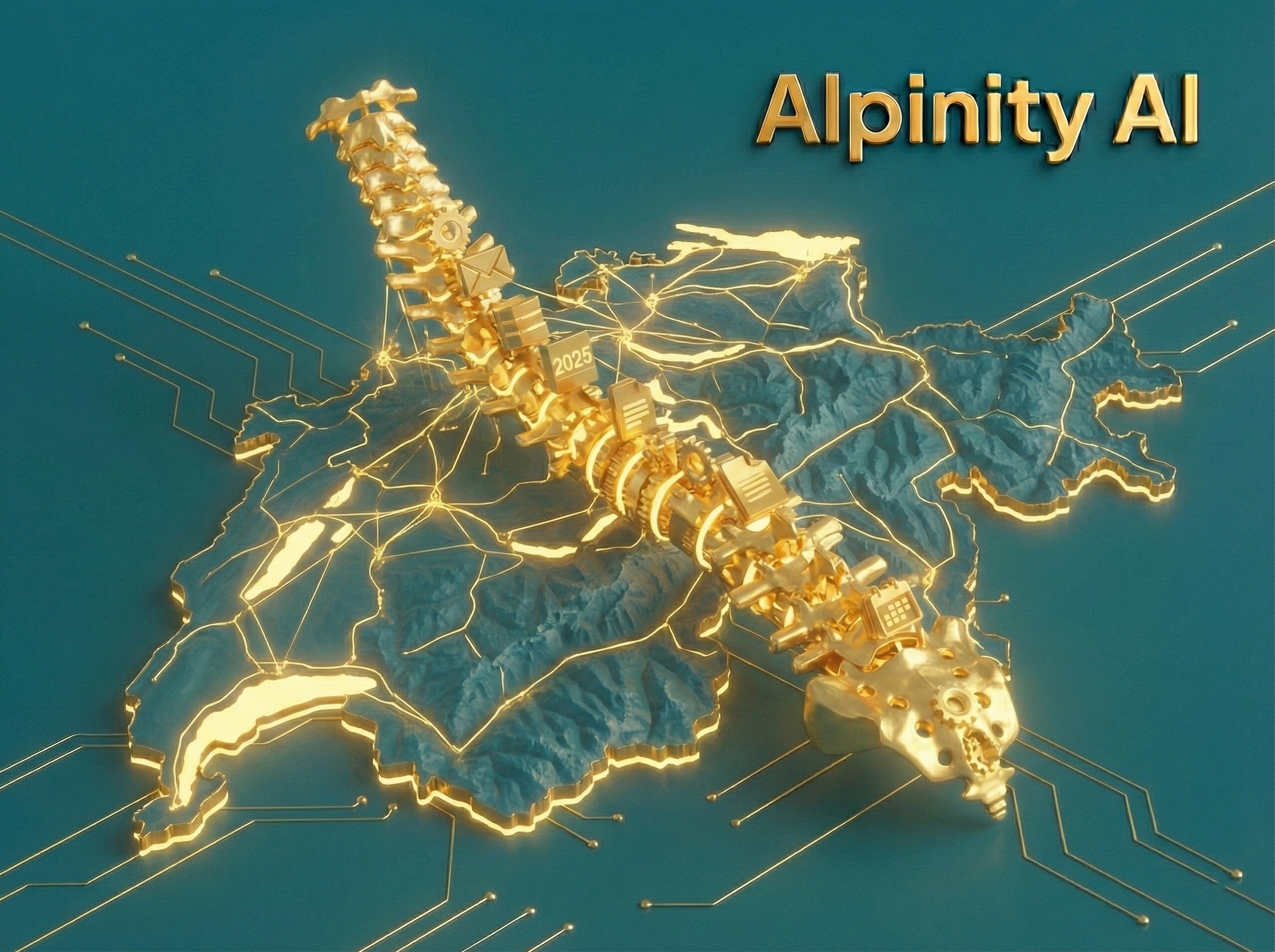 Ein goldenes Rückgrat aus Zahnrädern und Workflow-Icons spannt sich über eine leuchtende Schweizer Karte, datiert mit 2025.