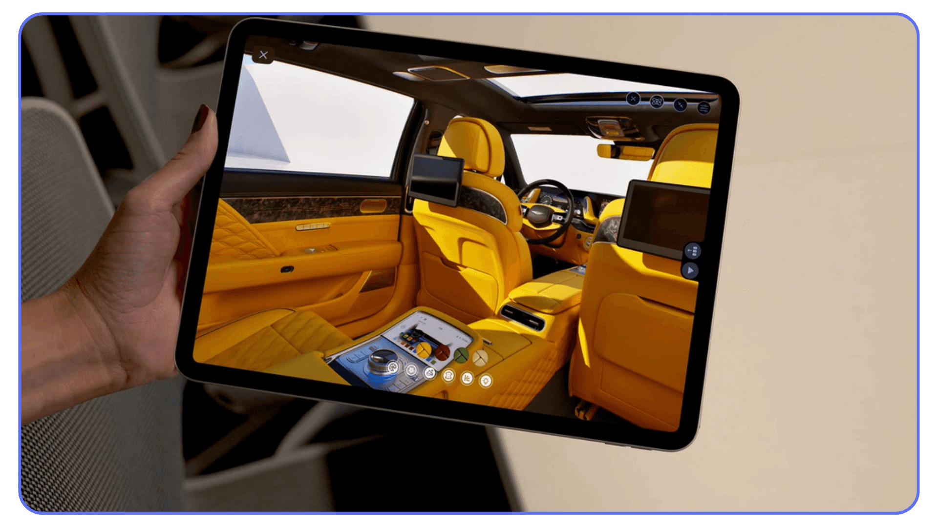 A hand holding a tablet that displays a 3D interactive configurator of a luxury car interior with bright yellow leather and onboard screens.