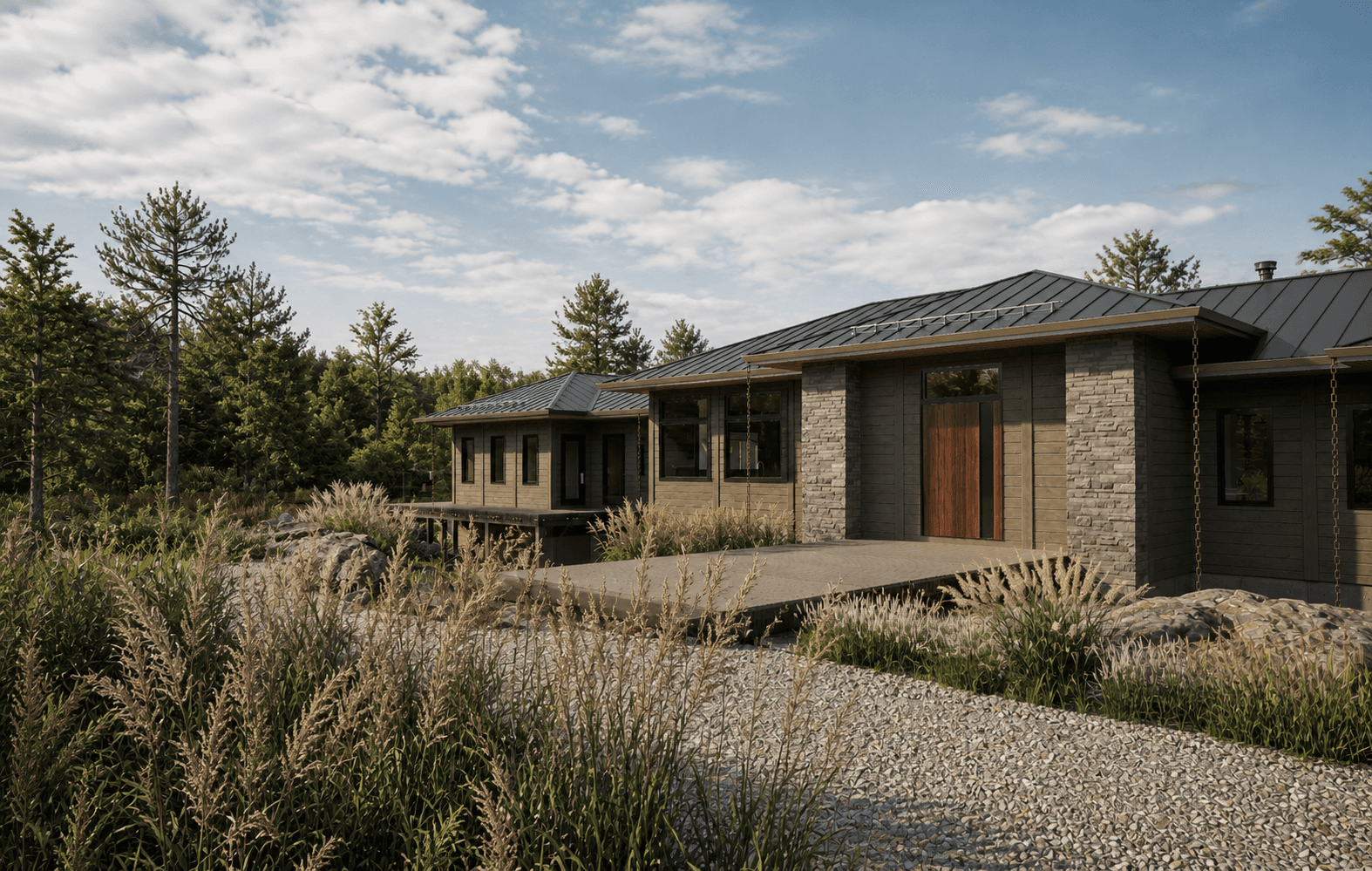 muskoka modern sprawling cottage with a material palette that blends with it's environment.