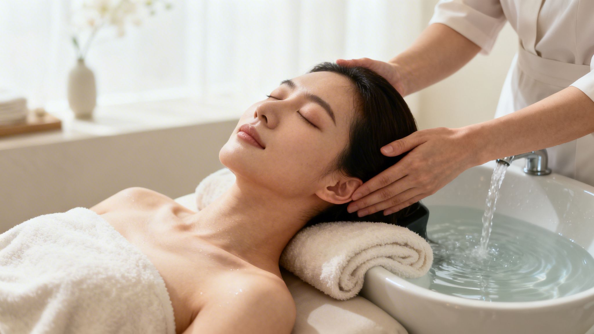 A young Asian woman with closed eyes enjoys a relaxing head massage and hair wash at a spa.
