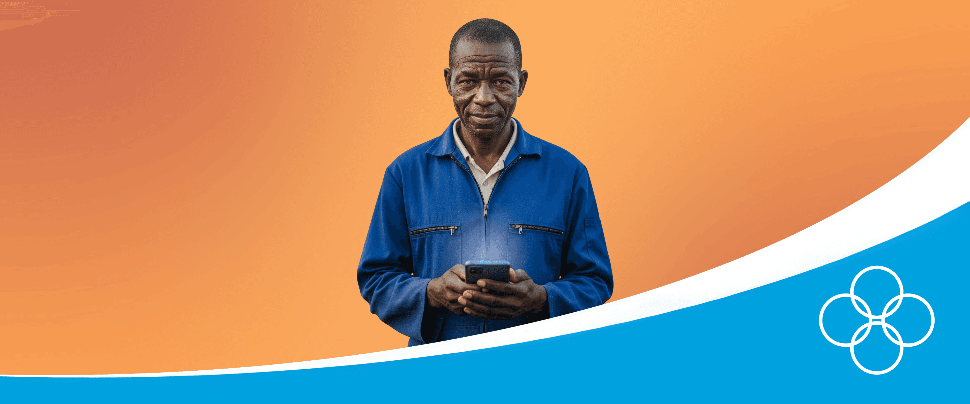 African poultry farmer in a blue overall, holding a phone