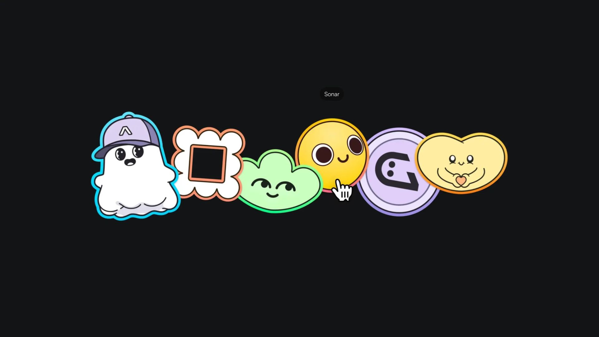 Cartoonish icons including a ghost in a cap, a smiling cloud, a yellow face, and other playful symbols on a dark background