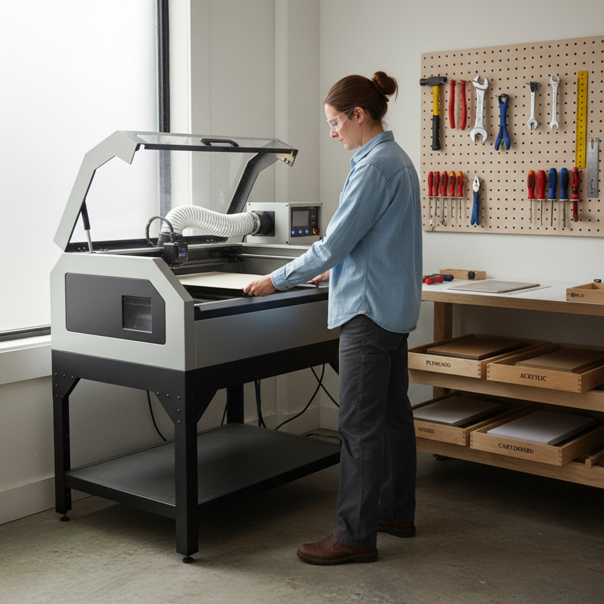 Eine Person stellt in einer klar strukturierten Werkstatt behutsam eine Platte auf den Lasertisch, weiches Seitenlicht lässt Staub im Raum tanzen. Die Absaugung ist bereit, daneben liegen sauber sortierte Materialien. Ein Moment der Vorbereitung, bevor der präzise Schnitt startet.