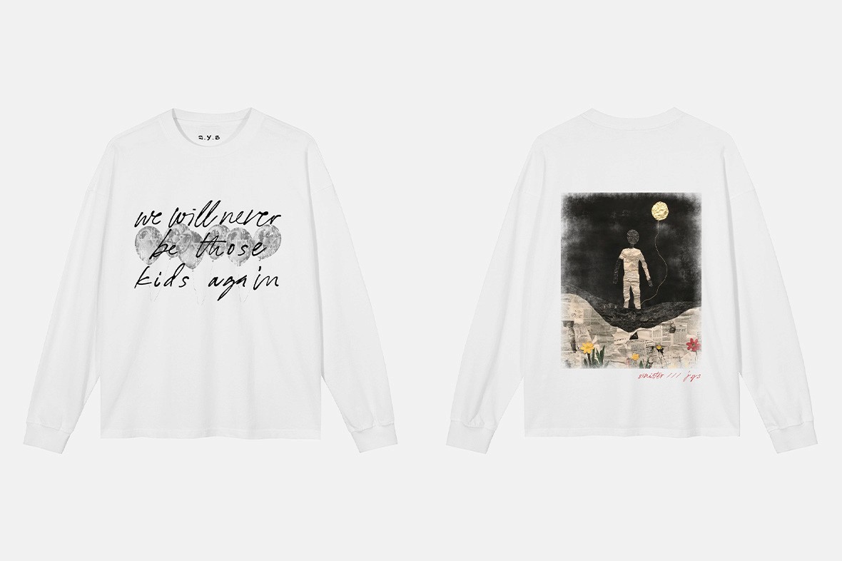 White long sleeve shirt with graphic print from Youth Distortion collection by Sinister J.Y.S, Israeli fashion brand.