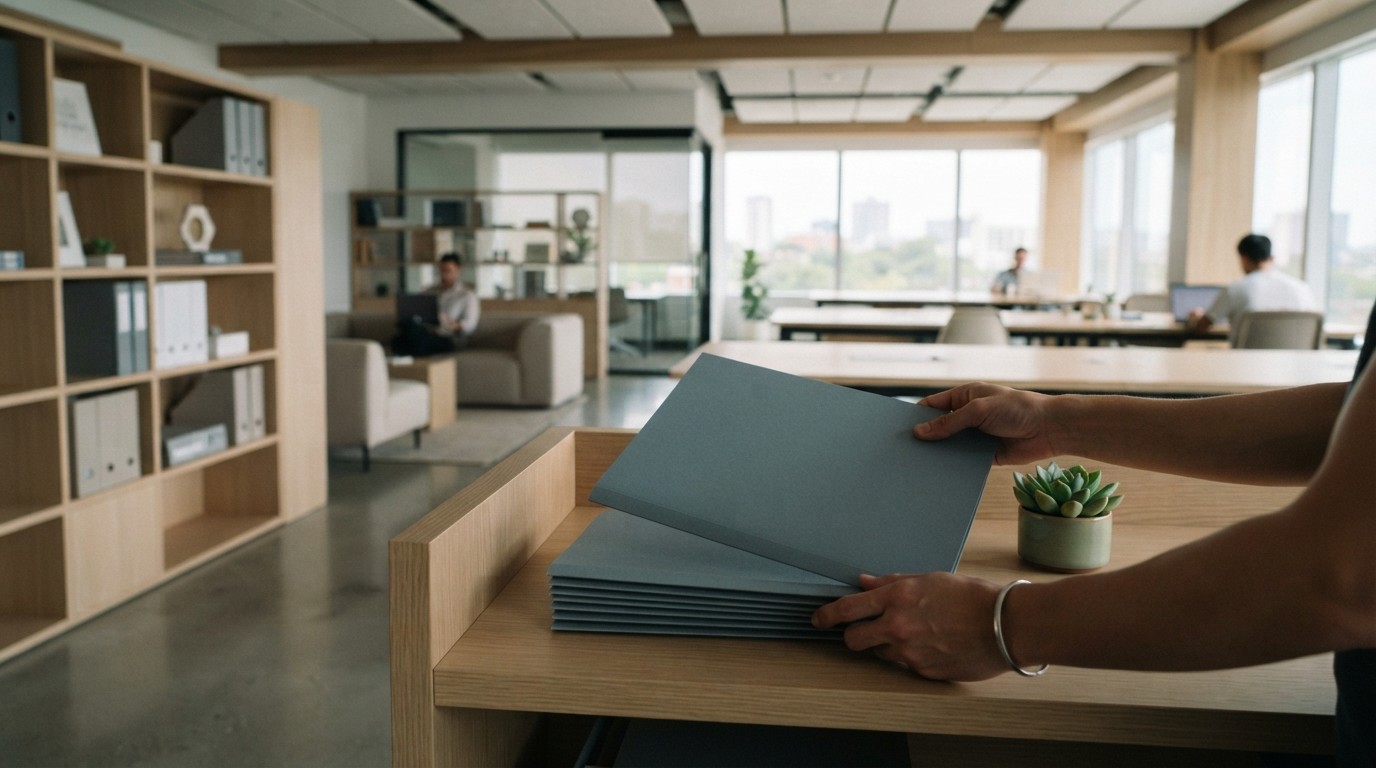 Orderly desk with folders and a succulent plant in a clean workspace