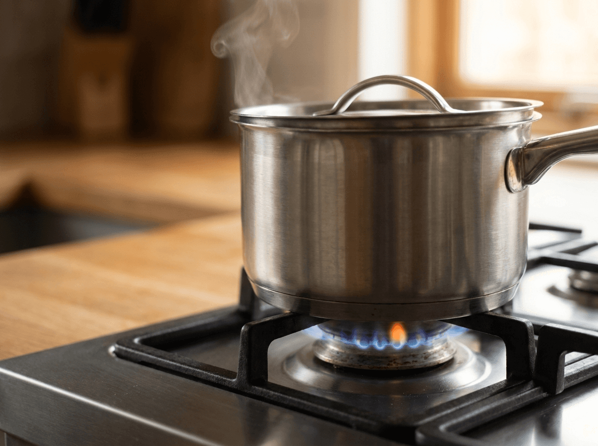 stainless steel pot on low gas flame with steam escaping lid
