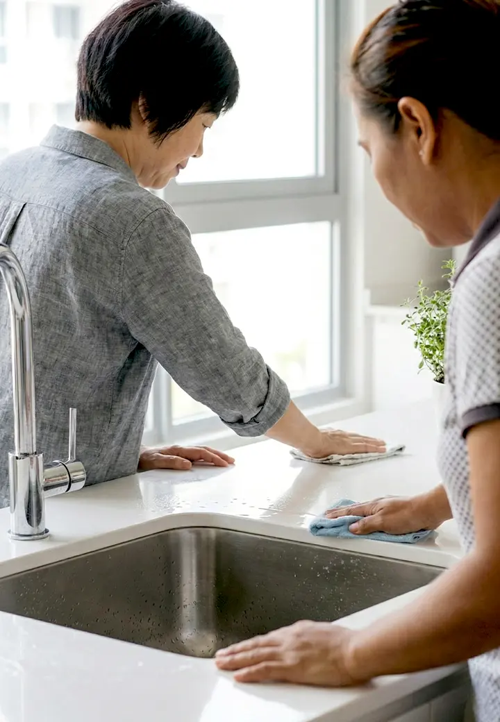 mother and helper in kitchen