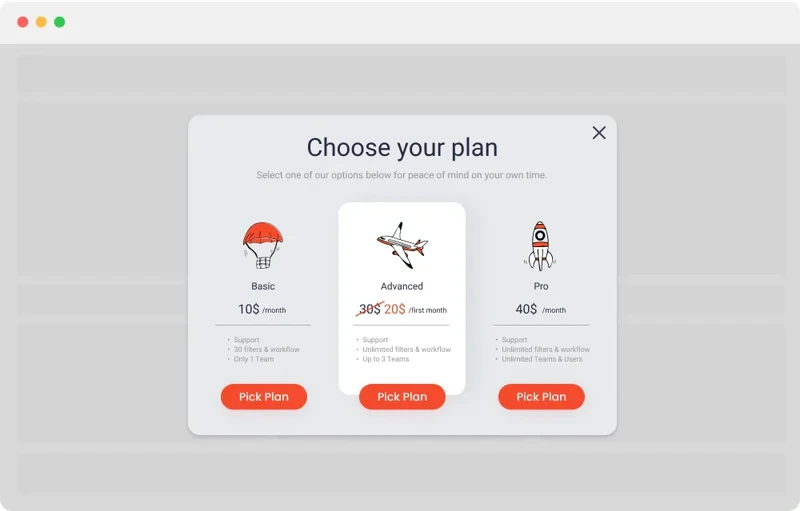 Downsell lightbox pop-up example