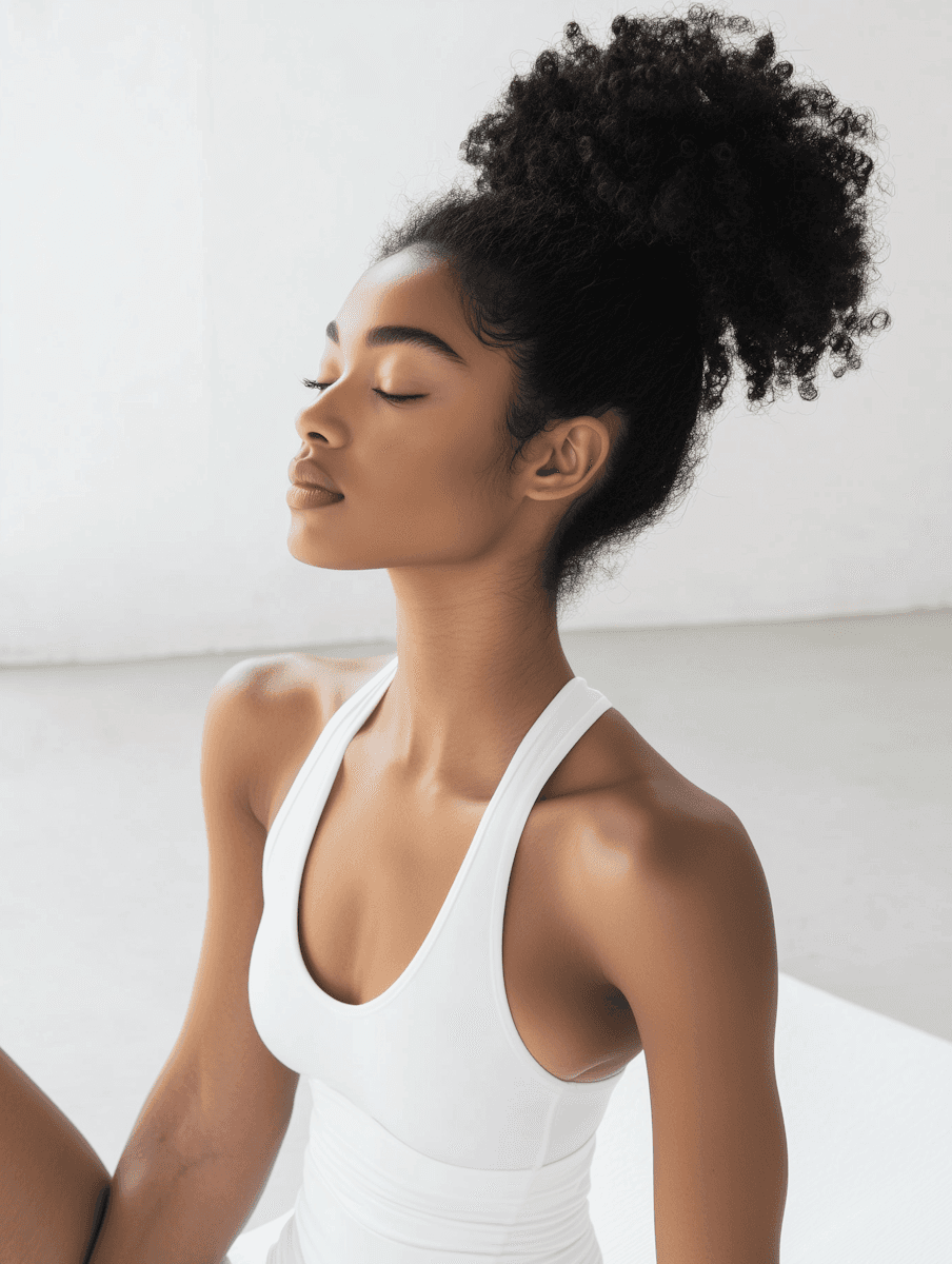 A woman with curly hair sits in a meditative pose, eyes closed, wearing a white tank top. The serene, minimalistic setting conveys calmness.