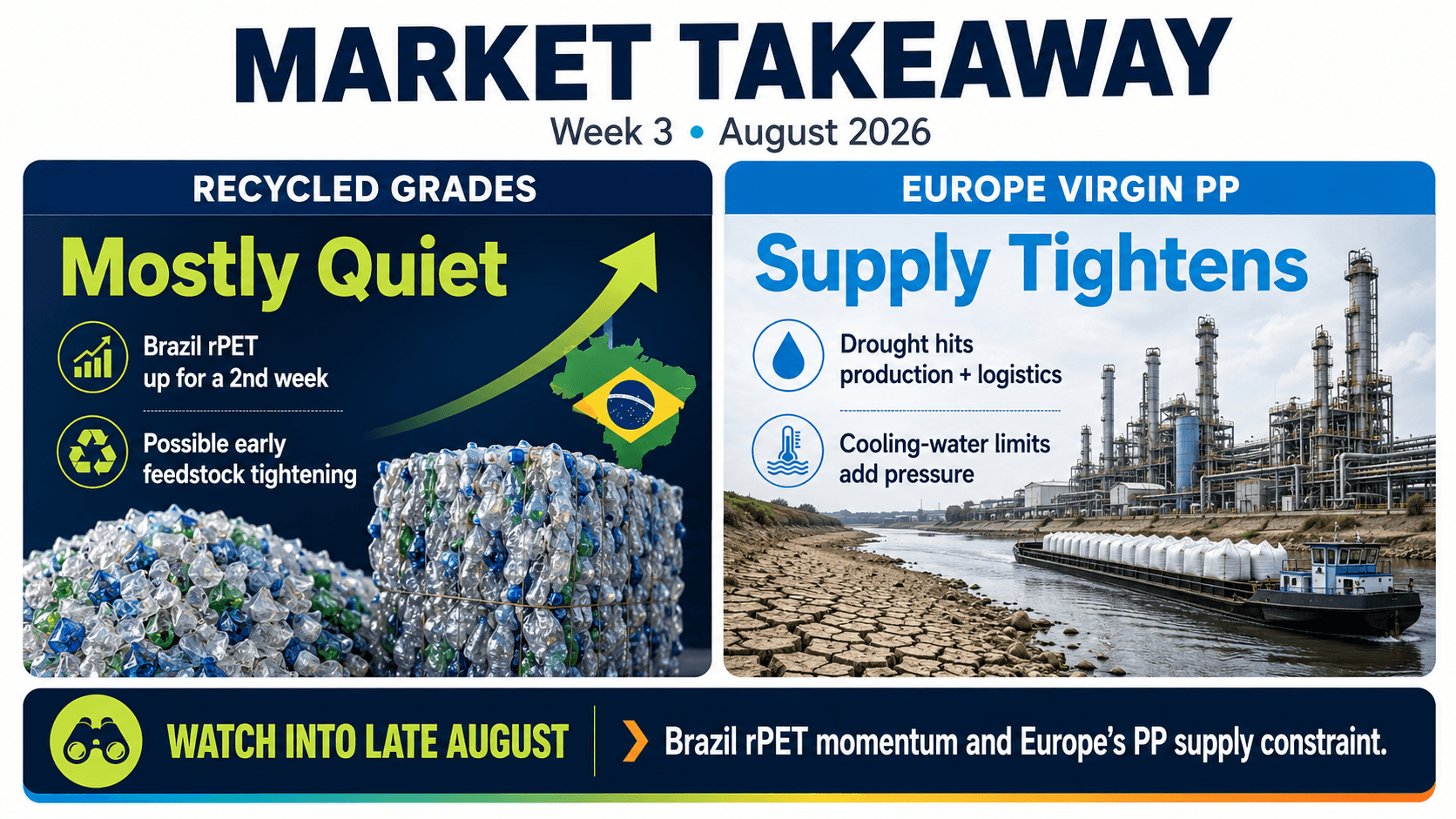 August 2026 plastics market takeaway showing mostly quiet recycled grades, rising Brazil rPET, and tightening European virgin PP supply.