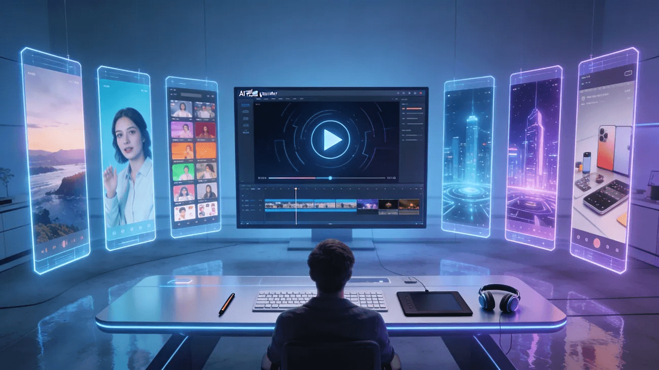 Man editing video with futuristic holographic screens - How to Use Kling AI for Videos