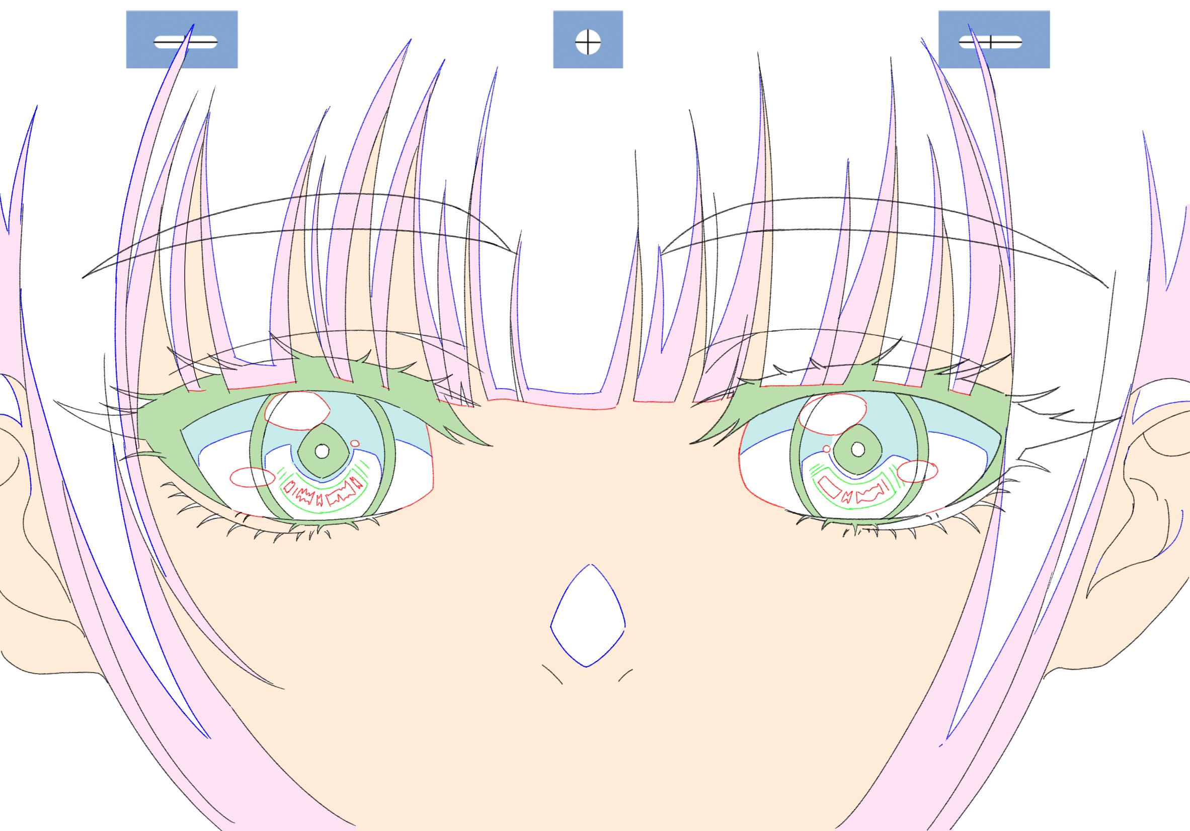 仕上げ(彩色)の作業サンプル:色トレス線入りで塗り分けた目元のアップ