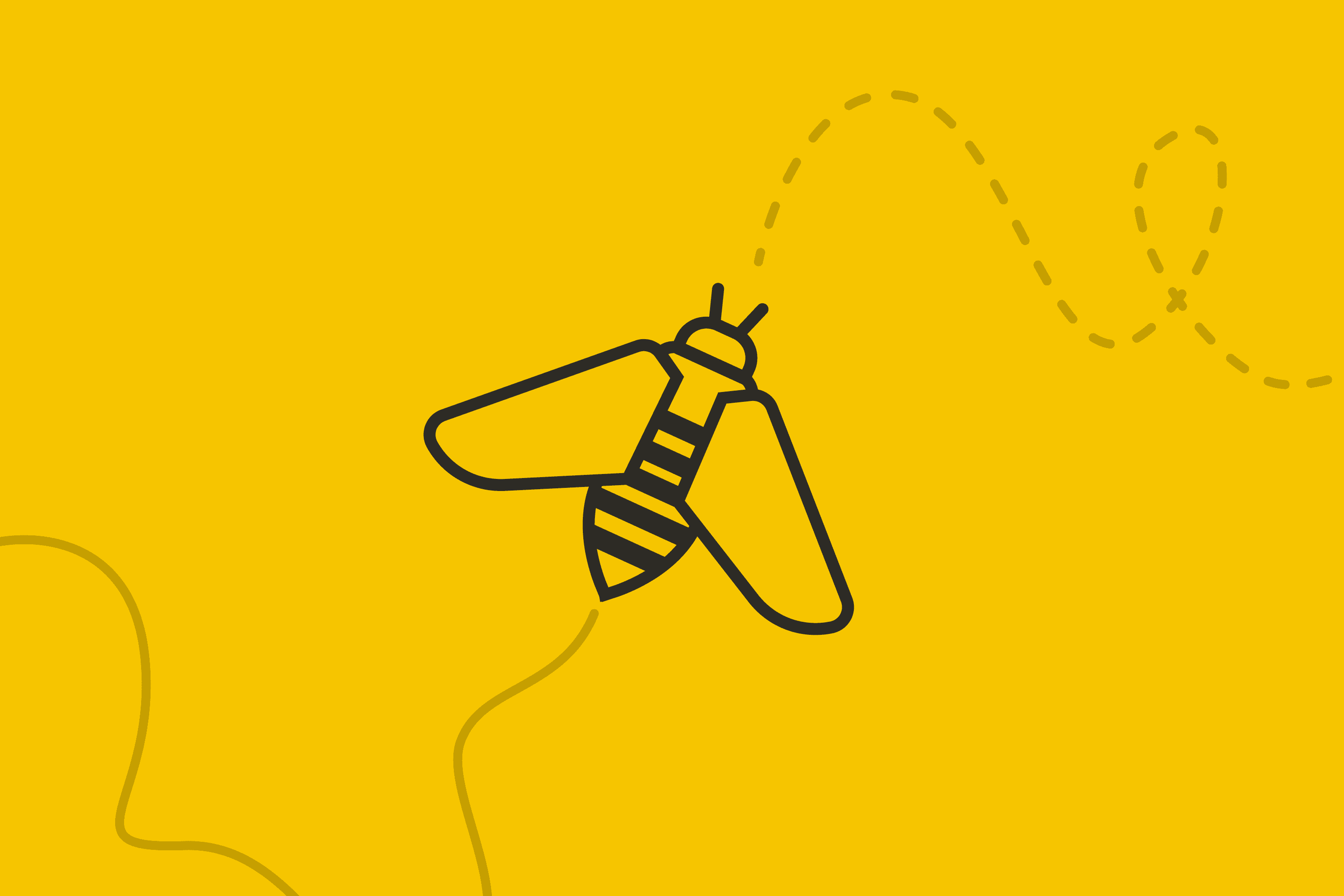 Stylized bee flying with a dotted path above
