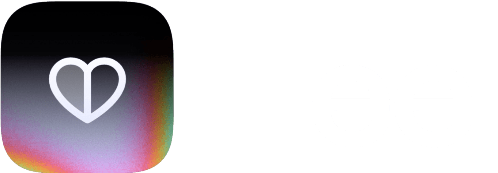A rounded square logo featuring a white heart split in half, on a dark, iridescent gradient background.