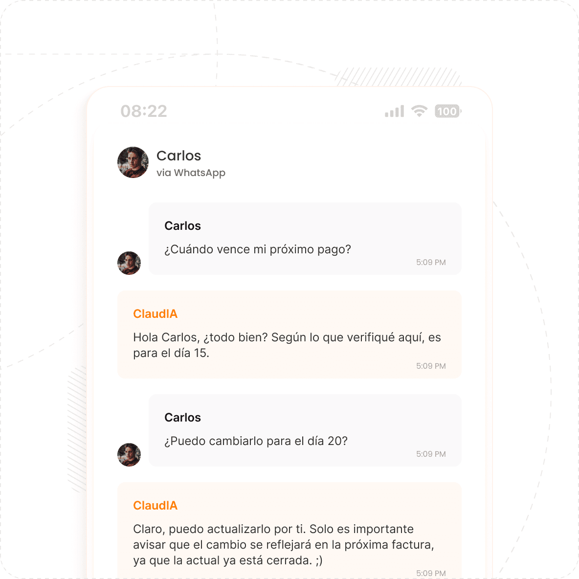 Atención automatizada de ClaudIA a través de WhatsApp sobre el vencimiento de pago.